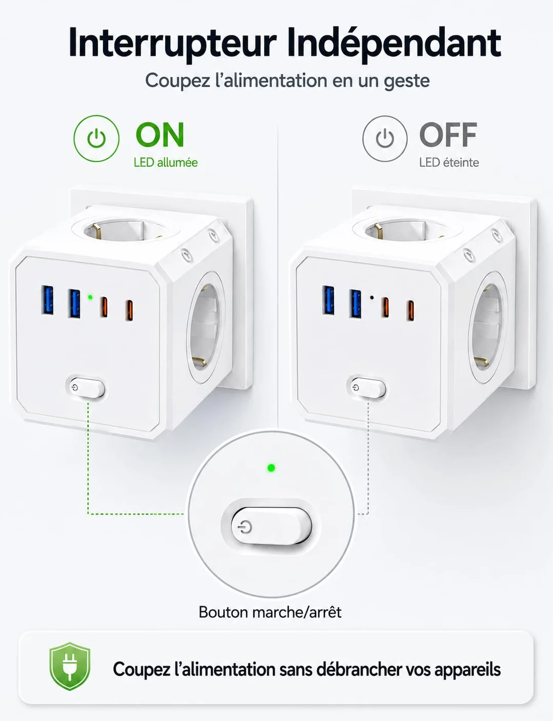 BURNNOVE Multiprise Murale USB C 8 en 1 4 Prises AC 2 USB-A 2 USB-C Interrupteur 16A 4000W Blanc