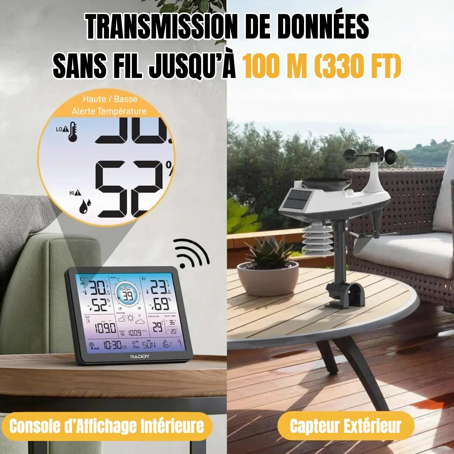 Station météo Raddy VP7 radio avec thermomètre intérieur et extérieur professionnel, écran numérique de 18,8 cm en violet, horloge radio, moniteur de température et d'humidité, prévisions météo et