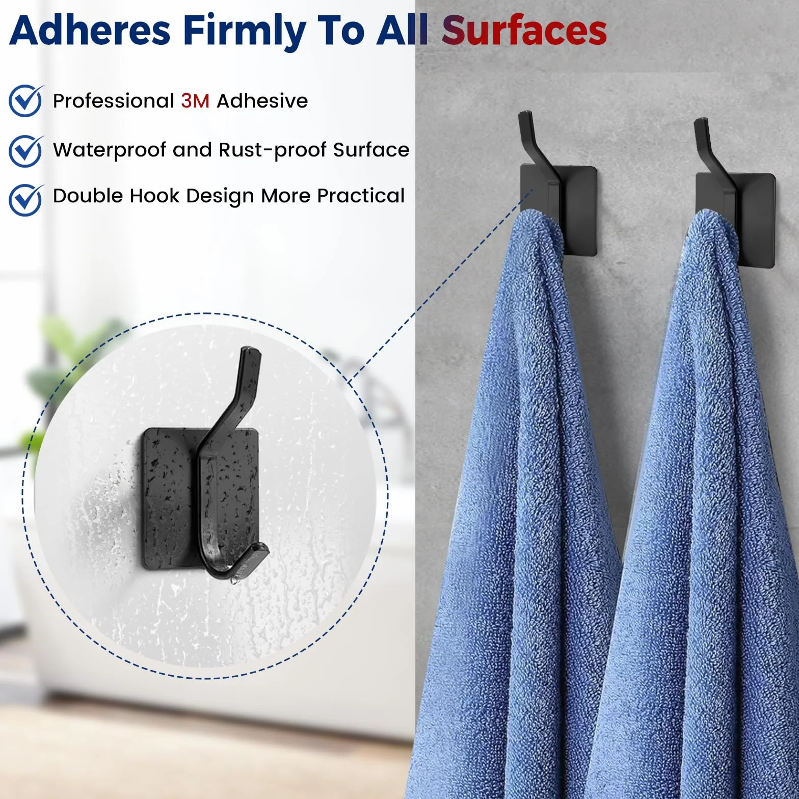 Oderra Crochets Adhesifs Muraux Double Autocollant Solides sans Percer Noir