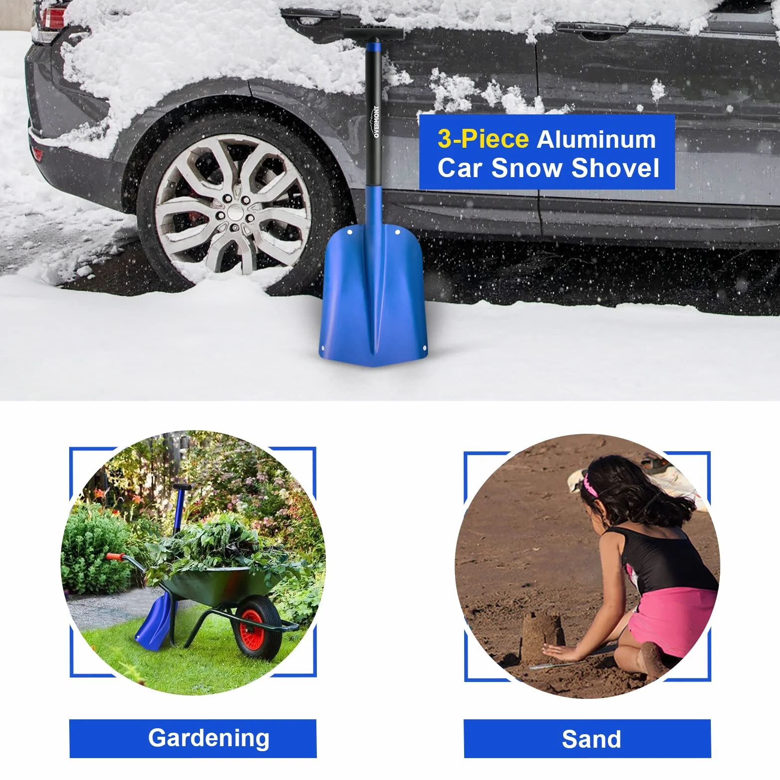 Pelle à Neige en Aluminium Réglable 3 Parties avec Poche de Transport et Grattoir de Voiture Rouge/Bleu/Or