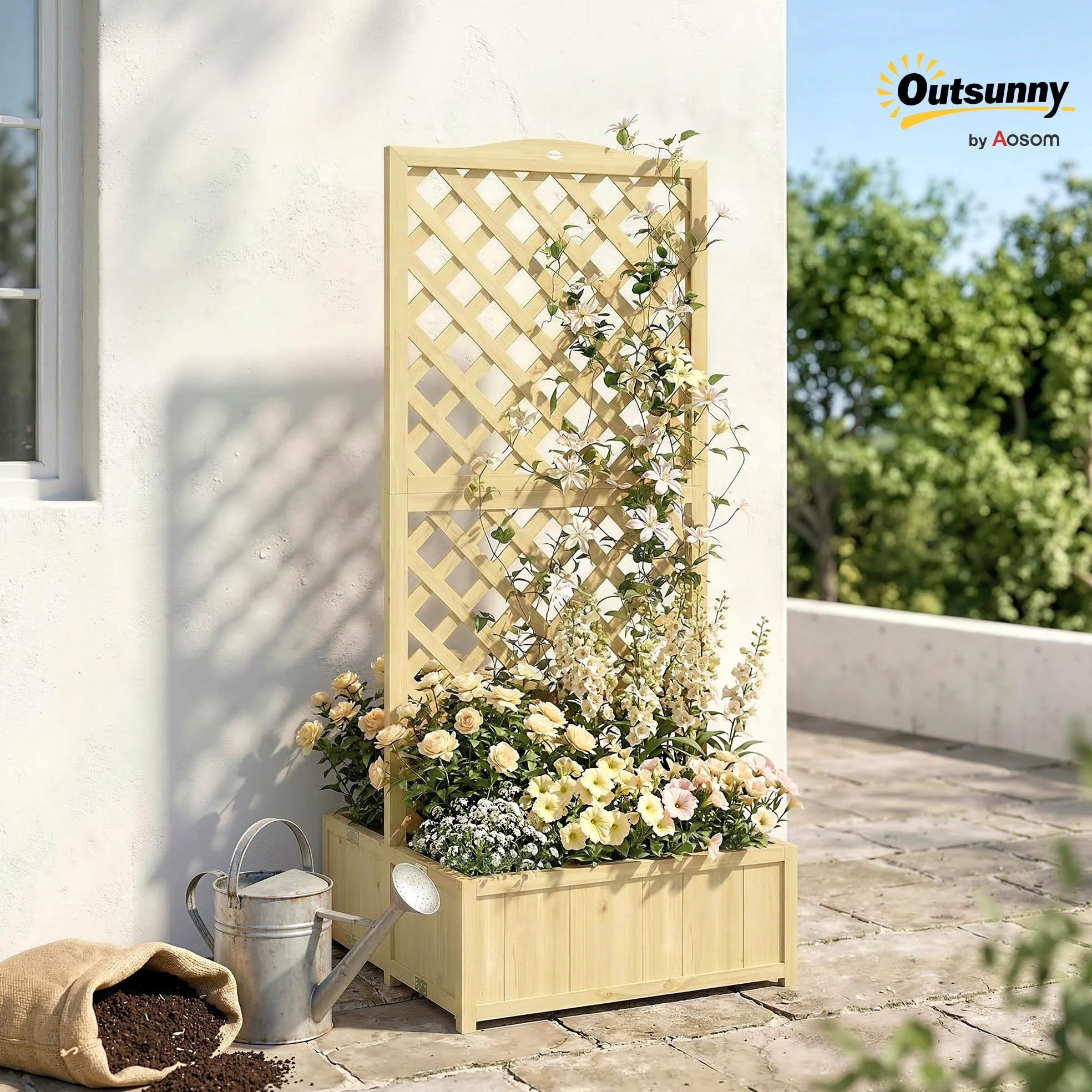 Outsunny Jardinière avec Treillis en Bois Massif - Carré Potager Pliable avec Double Bac à Fleurs - Lit de Jardin 170cm de Haut pour Plantes Grimpantes sur Balcon, Terrasse Brise-Vue, Naturel