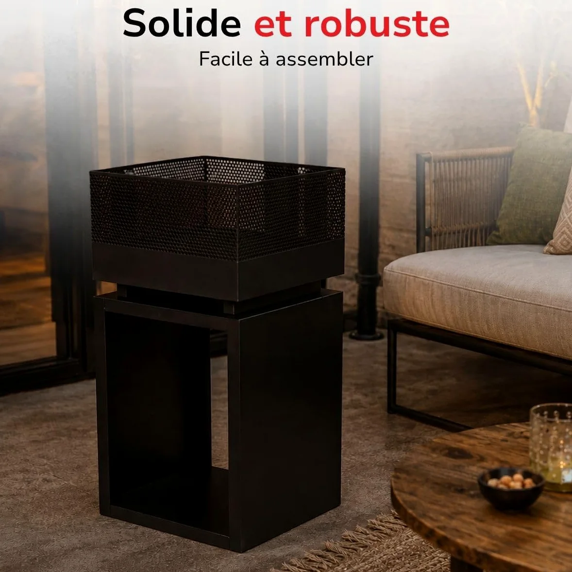 BBQ Collection Brasero Exterieus avec Pare-Étincelles - Cheminée de Jardin 39 x 39 x 85 cm - Cheminée Decoration Jardin Exterieur et Rangement du Bois de Chauffage - Acier au Carbone