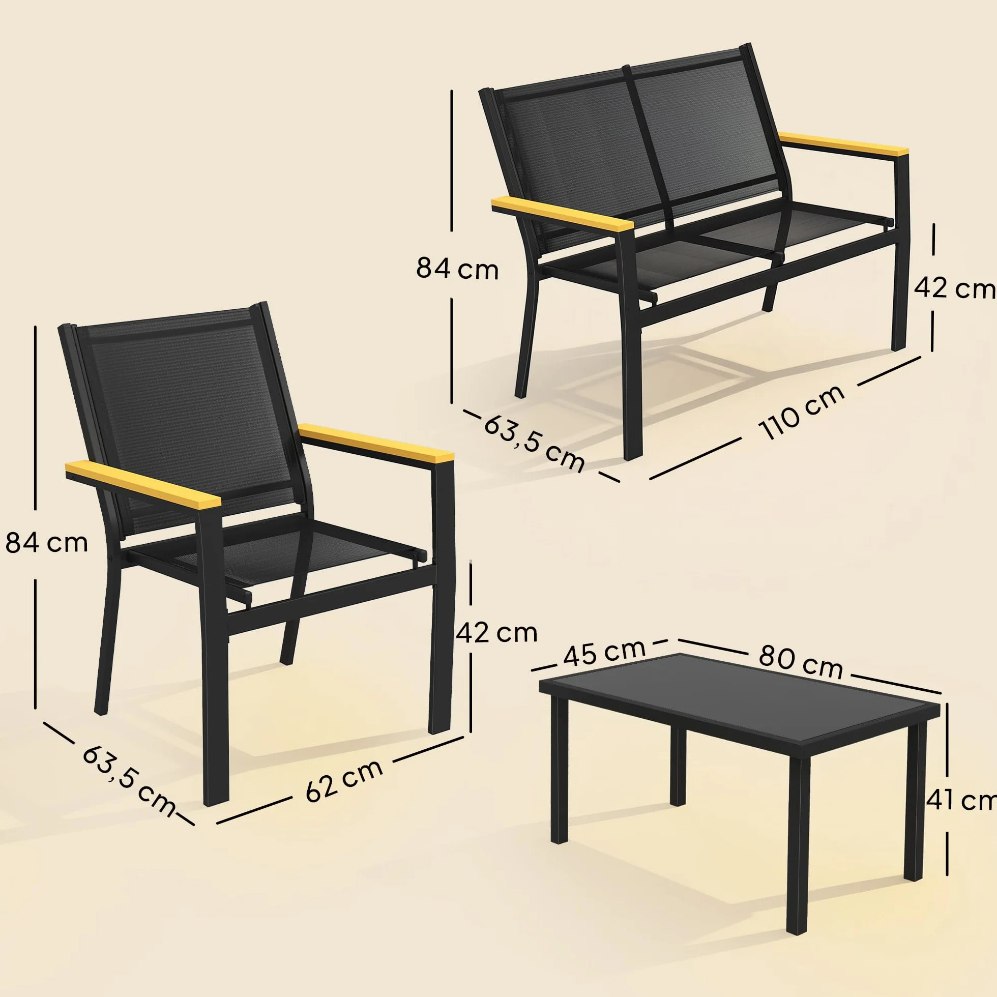 Outsunny Salon de Jardin extérieur 4 pièces canapé 2 Places chaises Table Basse Verre trempé Noir