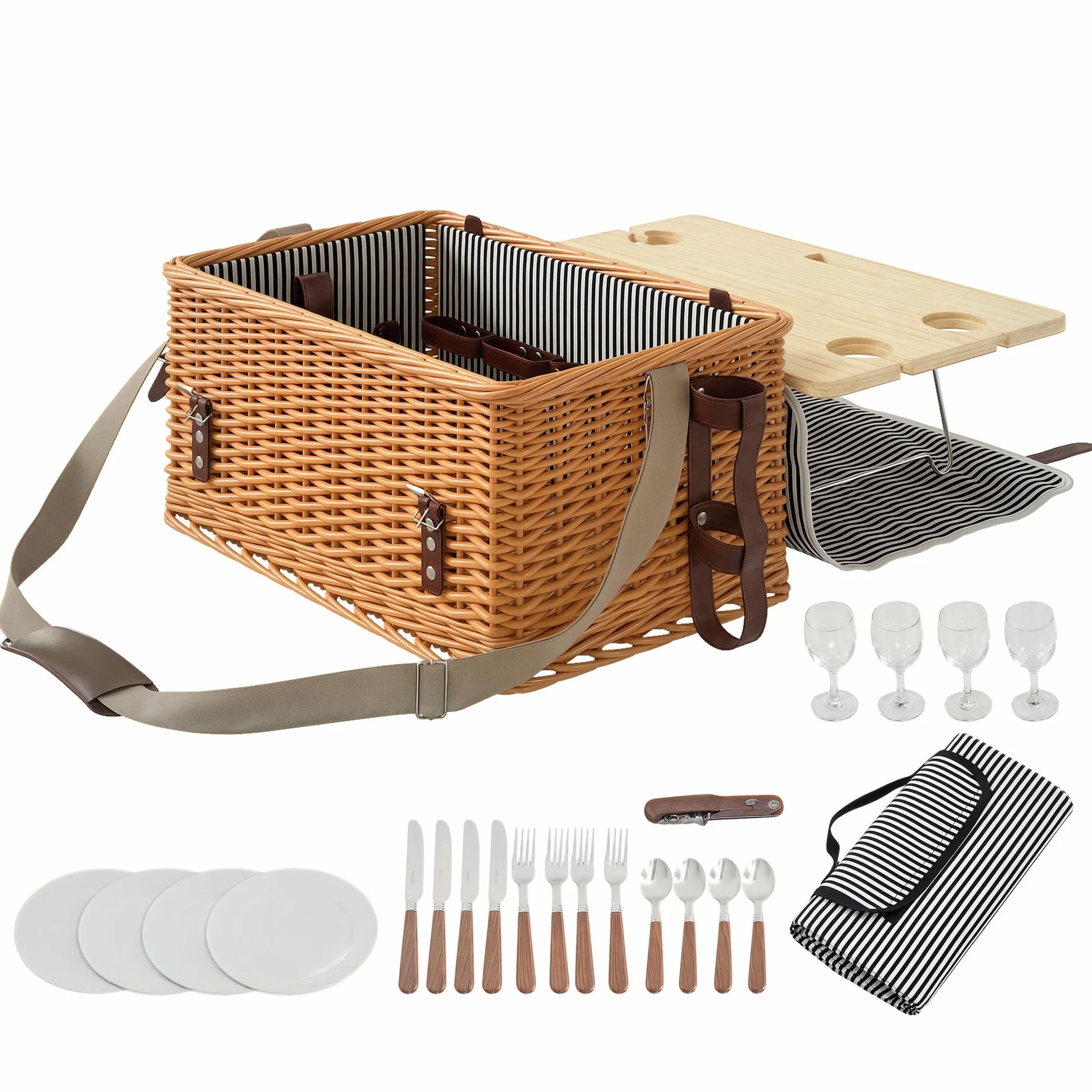 Outsunny Panier Pique-Nique en Osier 4 Personnes avec Table à vin en pin, Panier de Pique-Nique avec Sangle Ajustable pour extérieur, Camping, fête, Anniversaire, Noël, Marron Clair