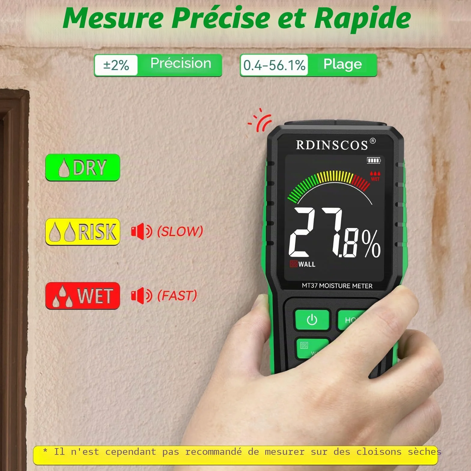 Testeur Humidité Non Destructif Rechargeable Détecteur Mur Humidimètre avec Alarme Automatique pour Béton Bois Maçonnerie