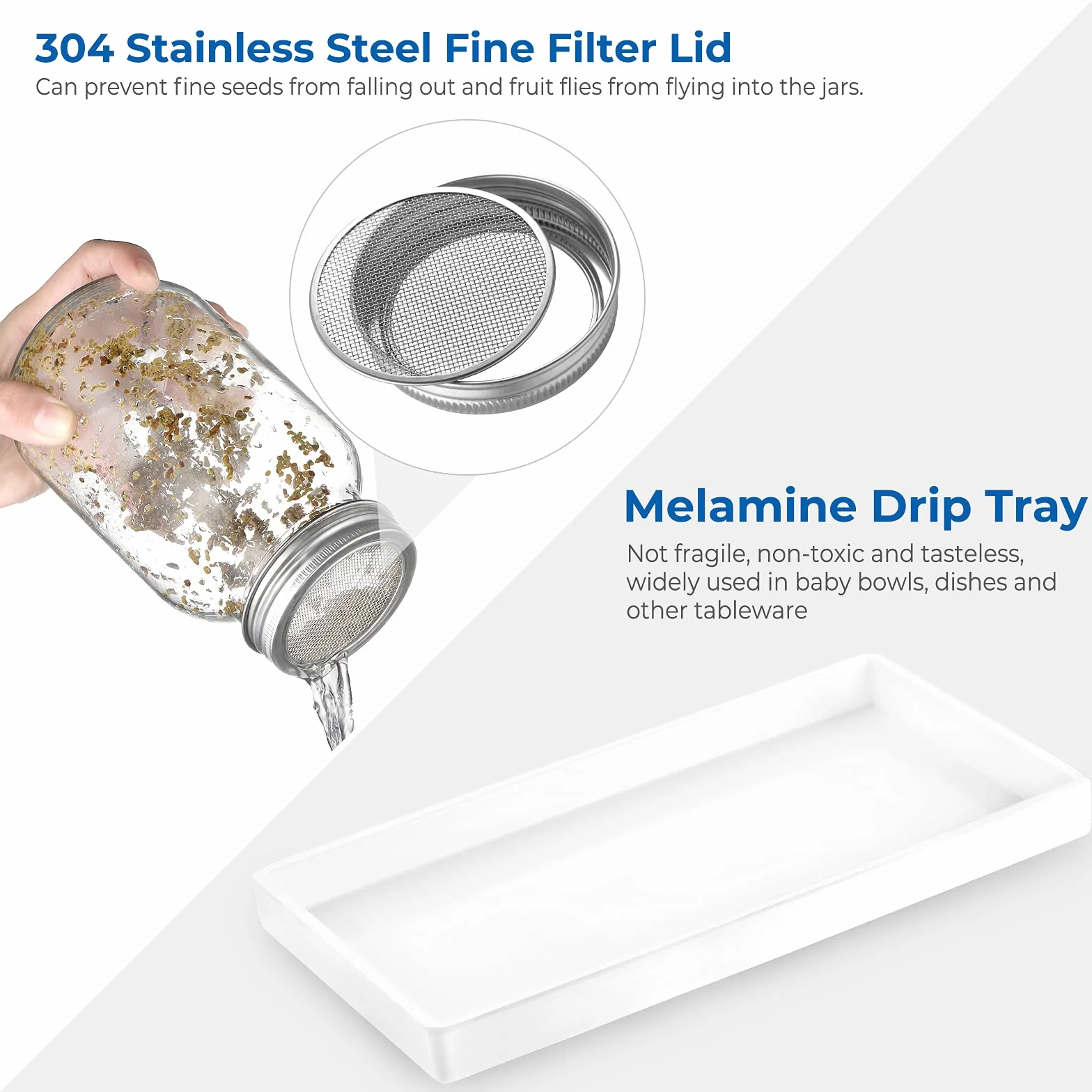 ecooe Lot de 2 pots à germer pour germination en verre à germination avec 1 bac à eau, 2 couvercles de grille filtrante en acier inoxydable 304 et 2 supports