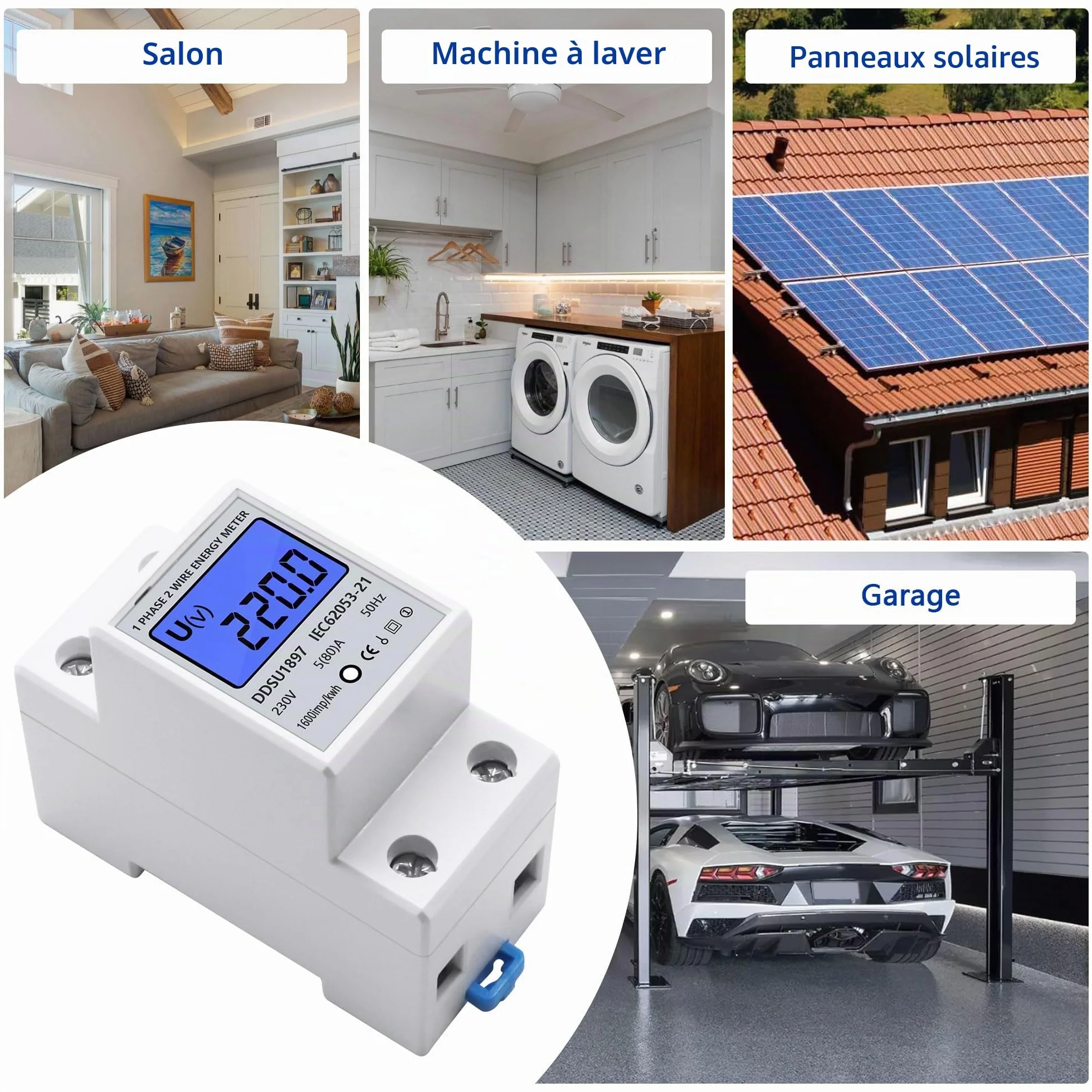 Compteur Électrique Monophasé LCD Rétroéclairé 50/60Hz Rail DIN 230 5(80)A Mesureur Consommation kWh