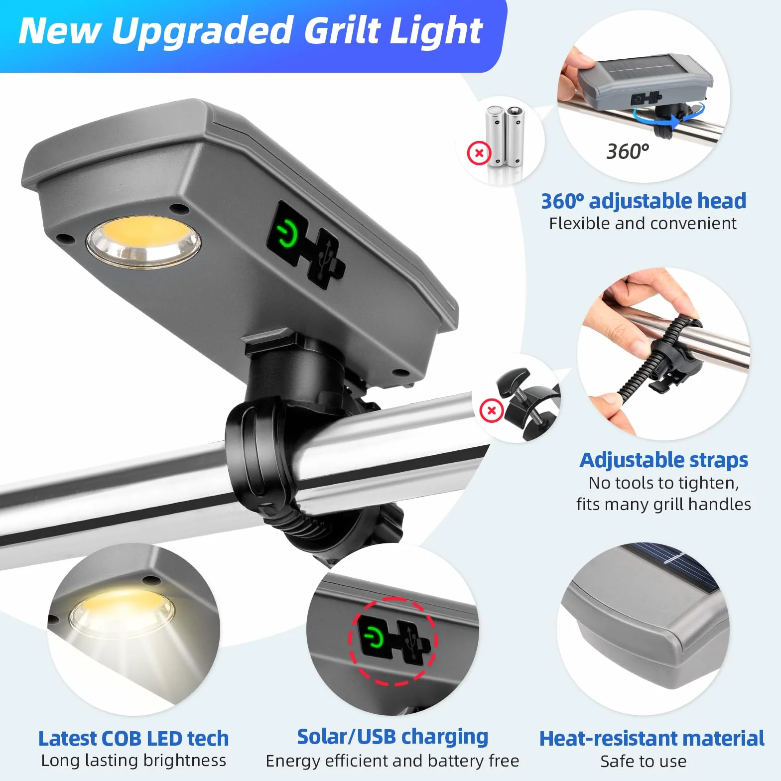 Lampe solaire barbecue Blackstone Weber Grill USB-C rechargeable solaire 360° allumage arrêt automatique
