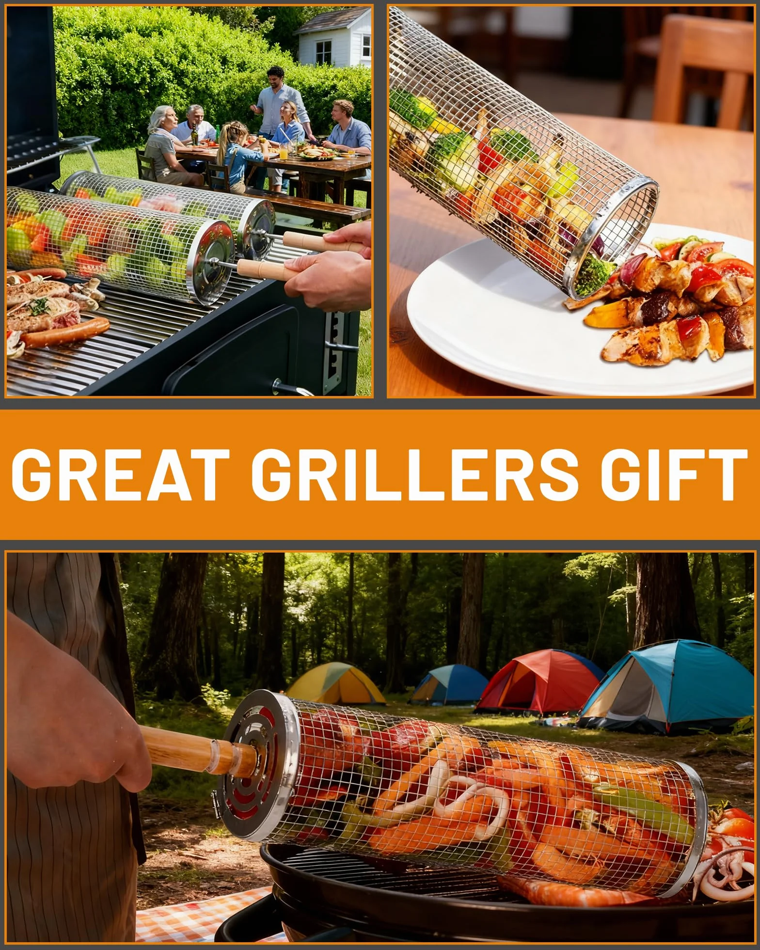 Ensemble de paniers de grillage enroulable emboîtables 2 Paniers de barbecue cylindriques en acier inoxydable avec poignée en bois (30×10cm + 29×9cm) accessoires de barbecue pour légumes en extérieur