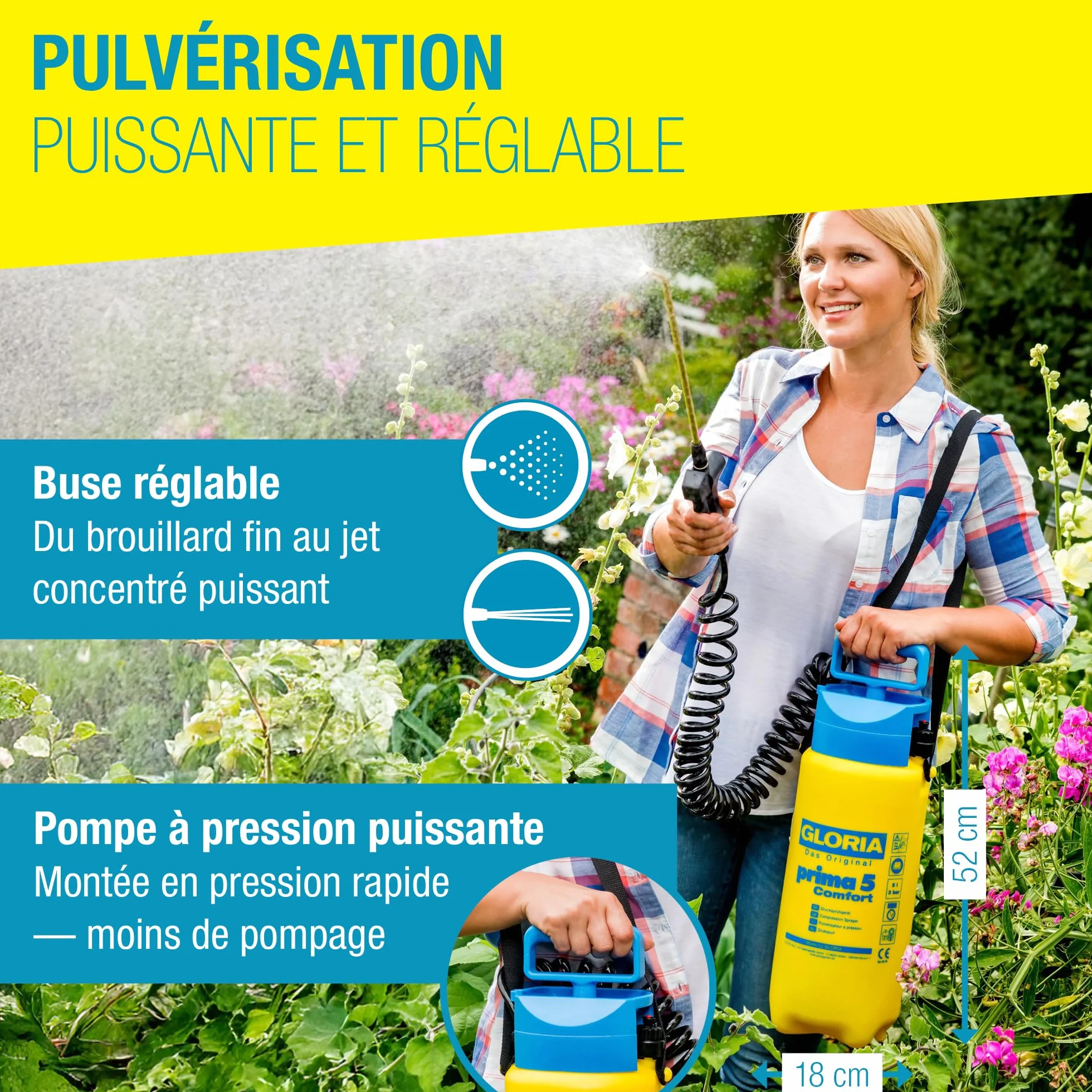 GLORIA Pulvérisateur de Jardin Prima 5 Comfort | Pulvérisateur à Pression 5 L | Tuyau spiralé 2,5 m & raccord compresseur | Désherbage, traitements & Engrais