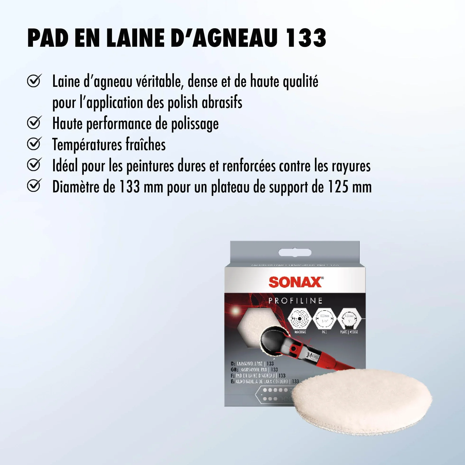 SONAX Pad en laine 133 (1 pièce) pad de polissage pour vernis avec polisseuse rotative