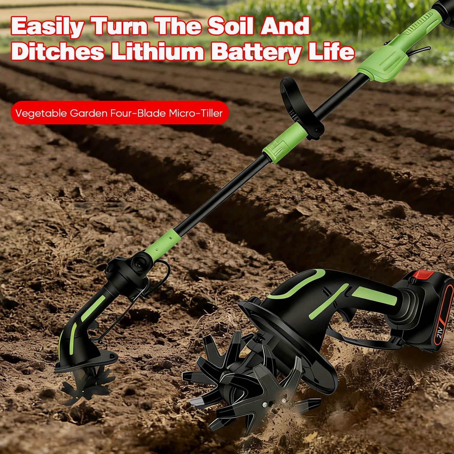 Motobineuse sans Fil,21V Motobineuse Electrique,Largeur/Profondeur De Travail 10/10 Cm, Manche de 1,3m, Portable Motoculteur avec Batterie, pour Jardin,Champ LéGumes,Serre,Verger (2 Batterie)