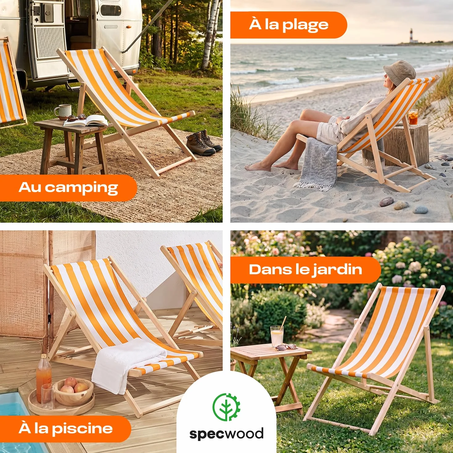 Chaise Longue Transat Jardin Pliable Bois Hêtre Réglable 3 Positions 120 kg Blanc & Orange