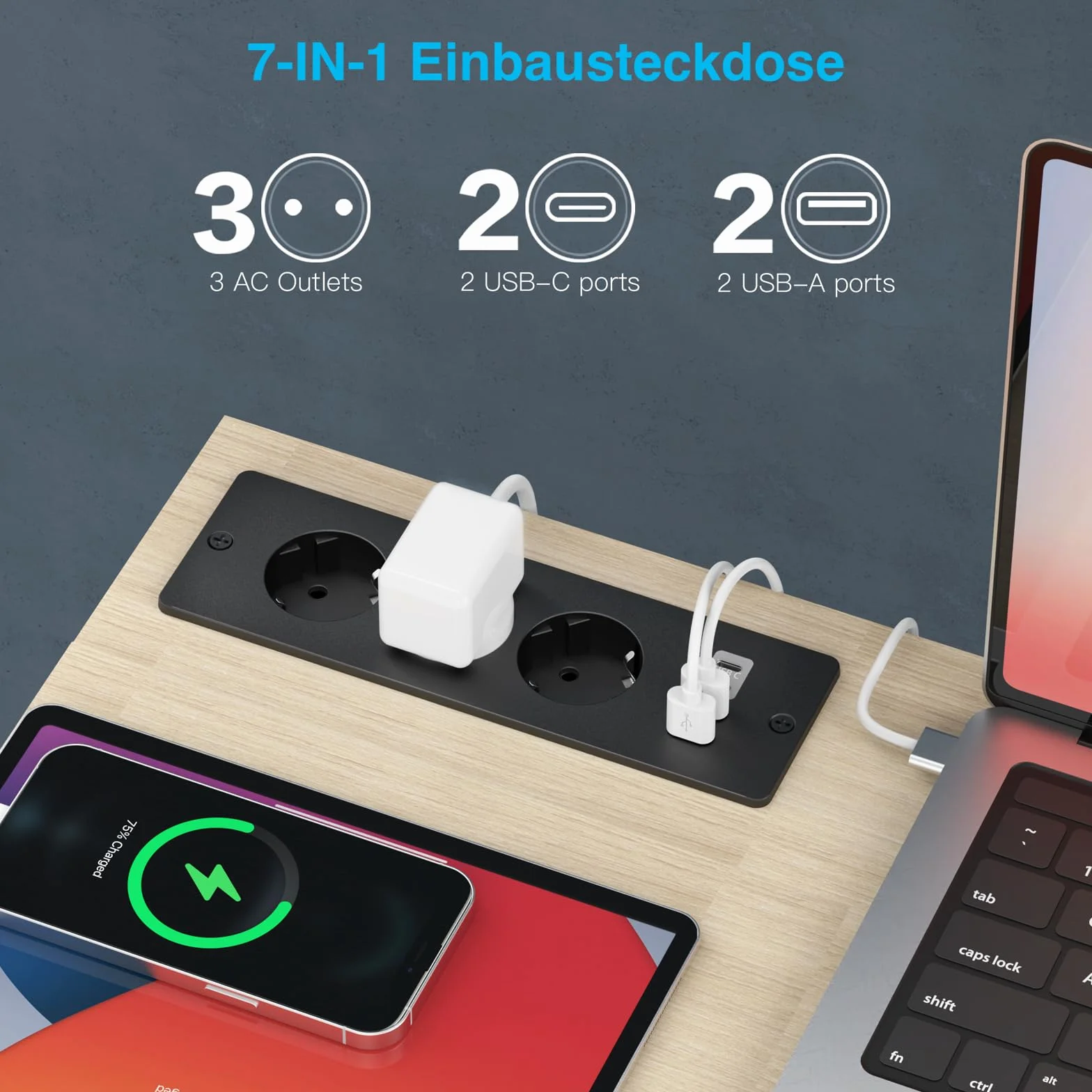 Prise Encastrable de Table 3 Prises 2 USB-A 2 Type-C Câble 2m Noir