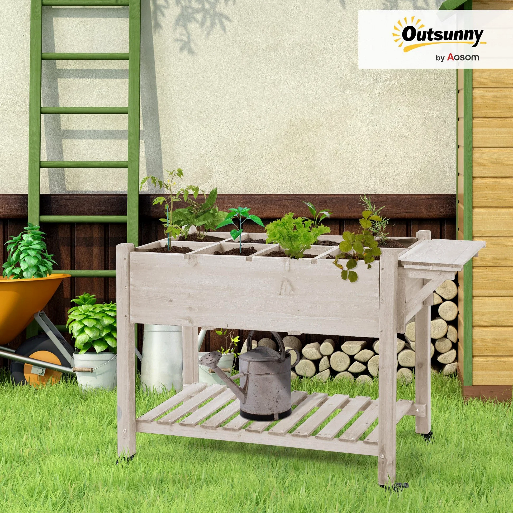 Outsunny Jardinière sur Pied - Potager sur roulettes - étagère, Tablette Rabattable, Inserts d'irrigation, Feutre de Drainage Inclus - Bois Sapin pré-huilé dim. 123L x 54l x 87H cm