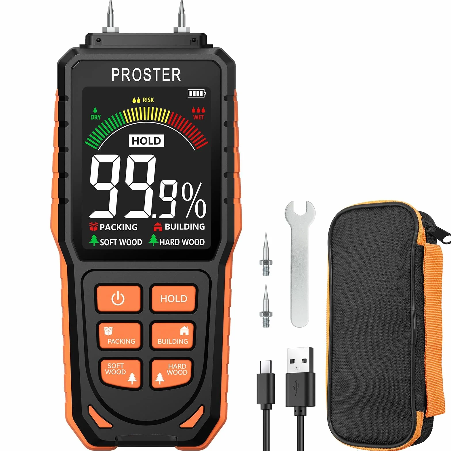 Proster Humidimètre Numérique à Broche Remplaçables Haute Précision 4 Modes Écran LCD Couleur Testeur Humidité Portable Rechargeable