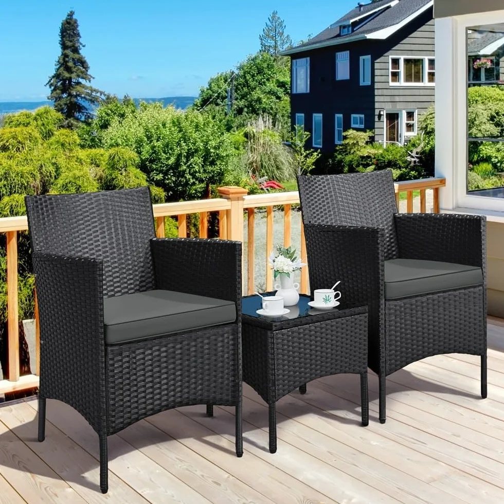 Yaheetech Salon de Jardin Exterieur Ensemble Mobilier de Jardin 2 Personnes Fauteuils et Table Basse Plateau Verre 2 Coussins Tressée pour Balcon Noir/Girs