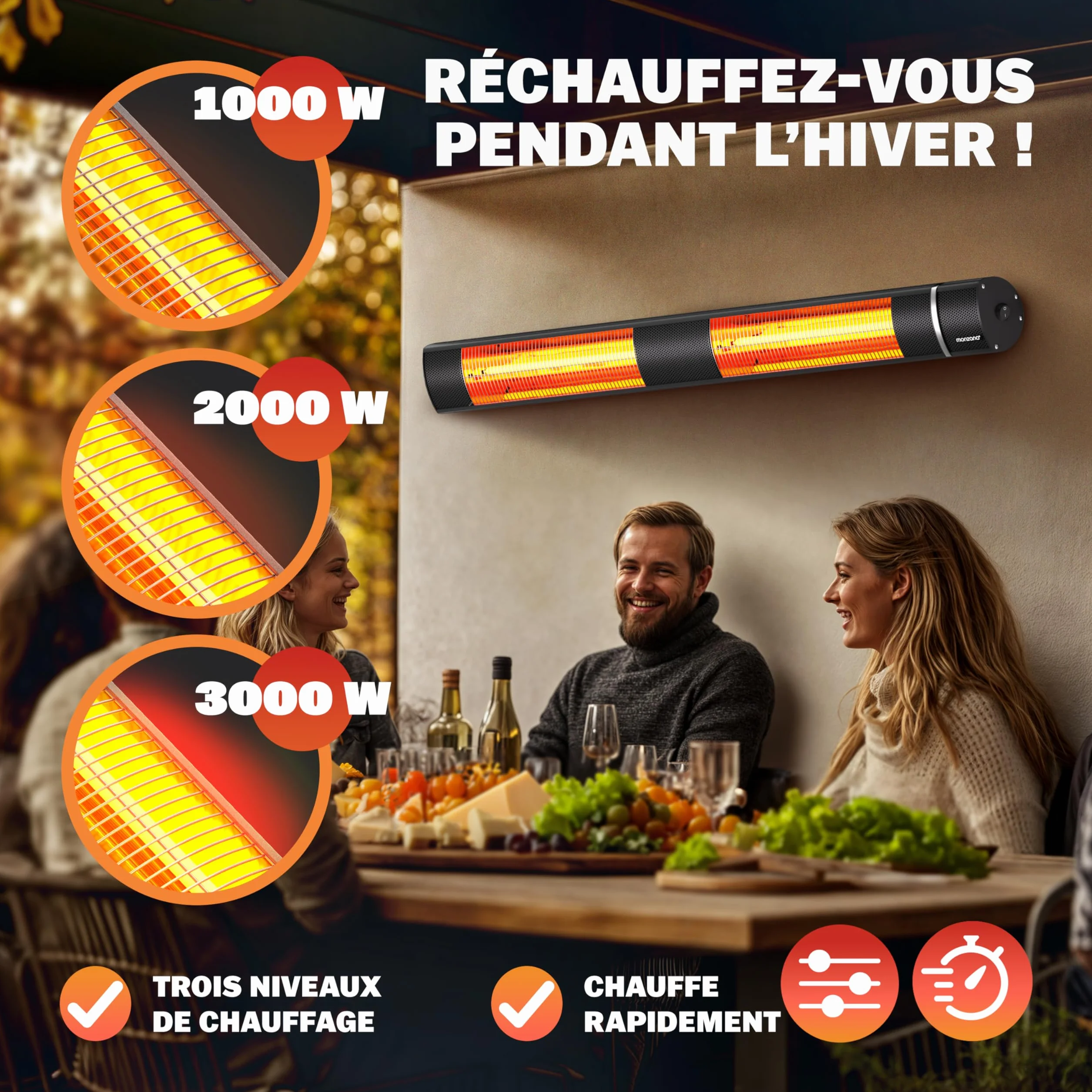MONZANA Radiateur infrarouge MZH3000 2000W commande application 3 niveaux chauffage télécommande mural noir
