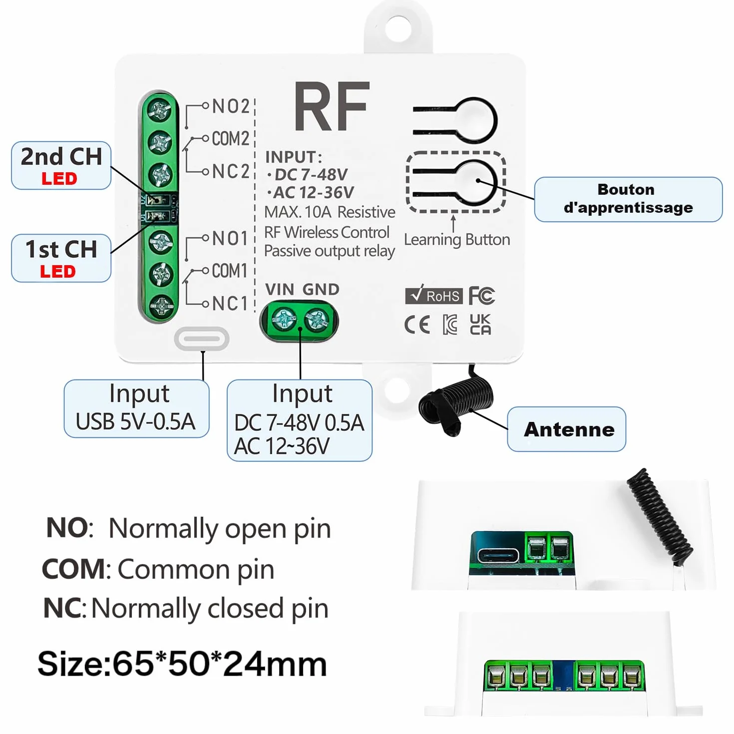 433MHz Commutateur Sans Fil 2 Canaux DC 7-48V AC 12-36V 10A Relais Récepteur avec 2 Émetteurs