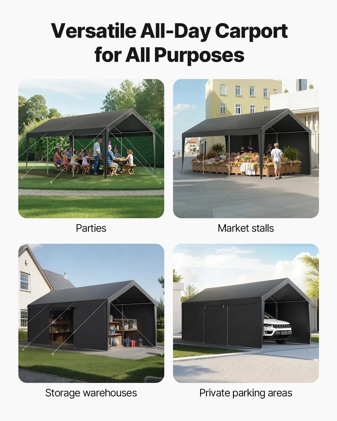 VEVOR Tente Garage, 3,05 x 6,09 m, Carport Abri de Voiture Extérieur avec Parois Latérales Amovibles et Portes, Résistant aux UV et à l'eau, Protection Toutes Saisons pour Automobile et Bateau, Gris