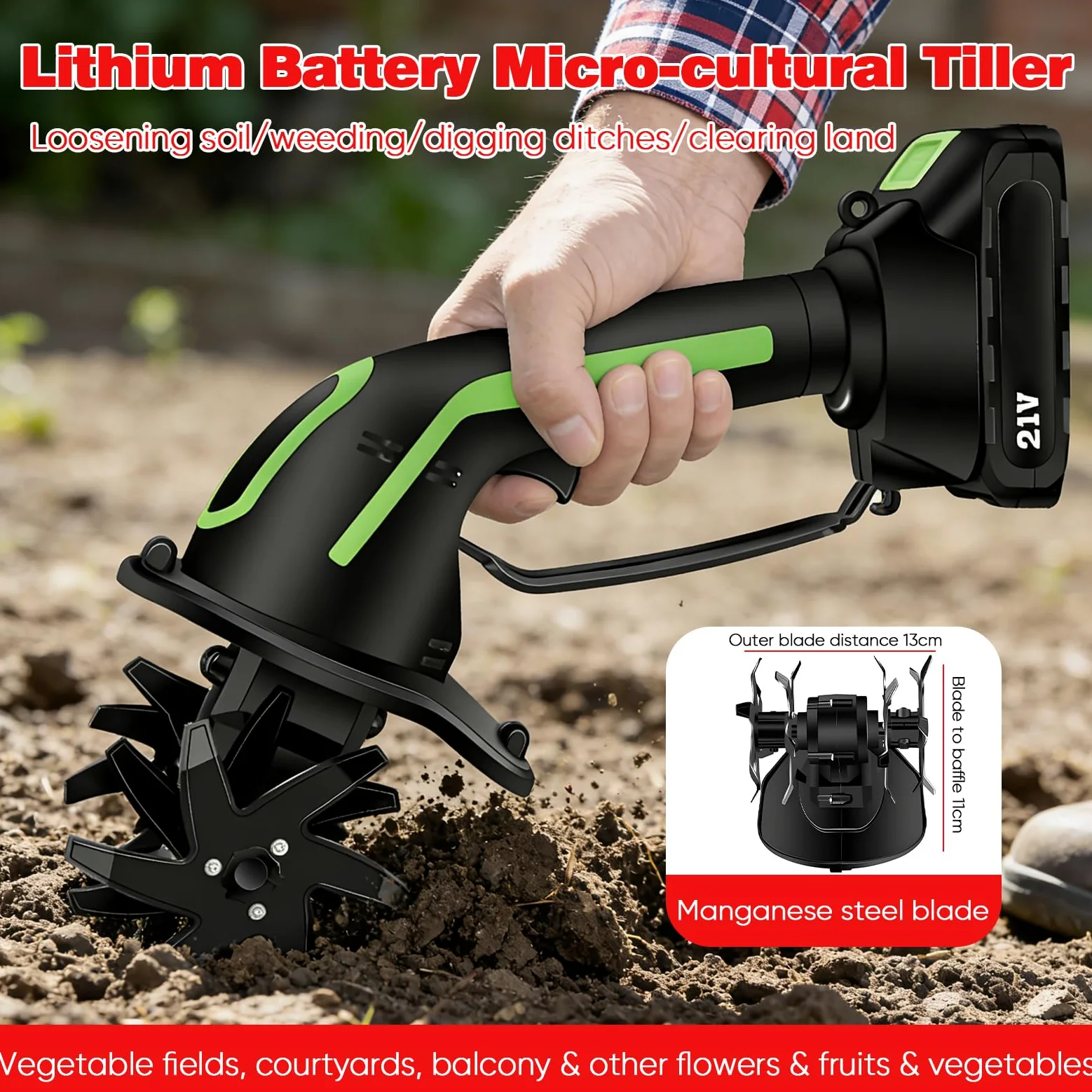 Motobineuse éLectrique sans Fil 21v avec Batterie, Portable Motoculteur de Jardin Manuel sans Fil, motocultiveur léger avec 10 cm de Largeur et Profondeur de Travail, pour Massif (2 Batteries)