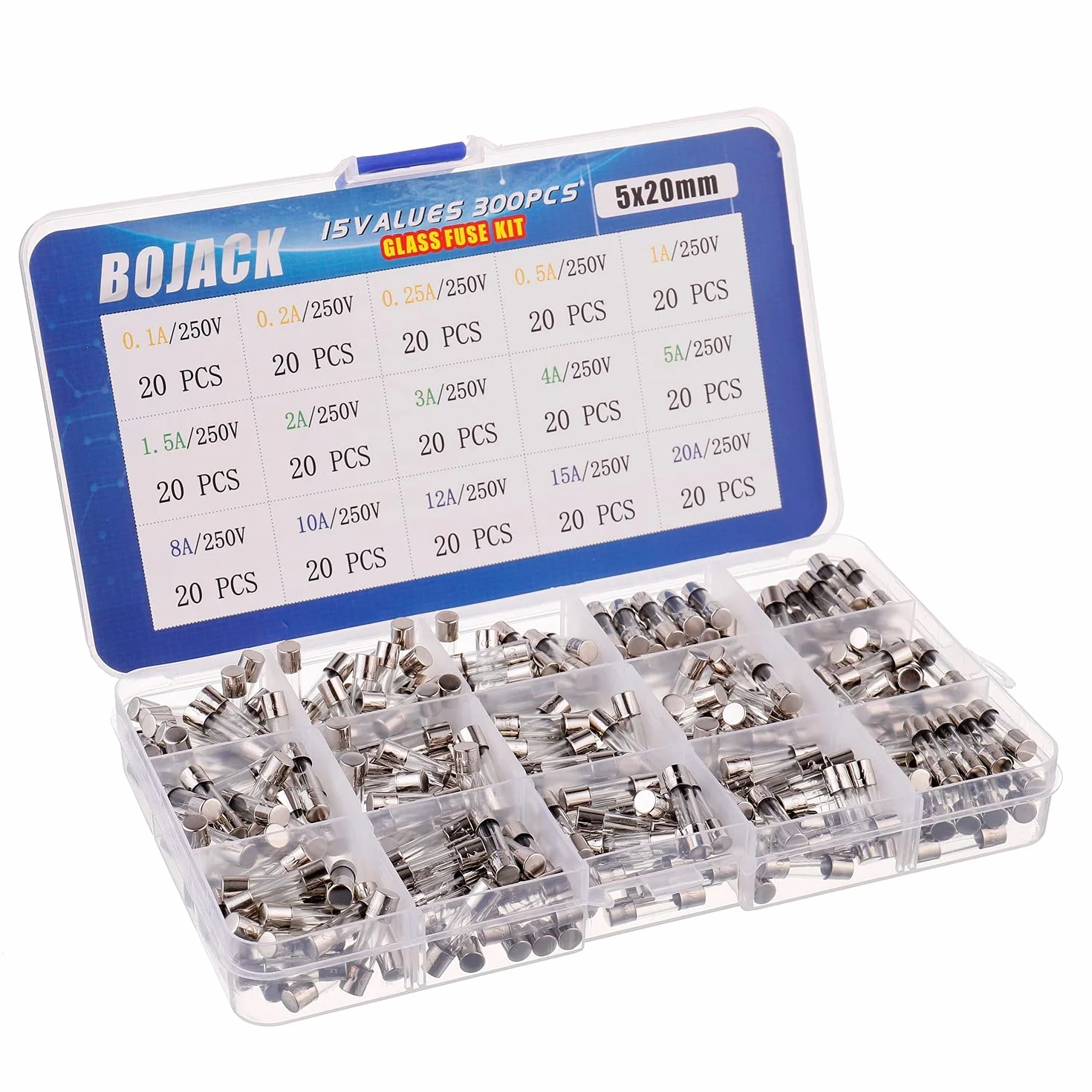 BOJACK 300 pièces Kit de fusibles en verre à fusion rapide 5x20mm 250V 0.1-20A