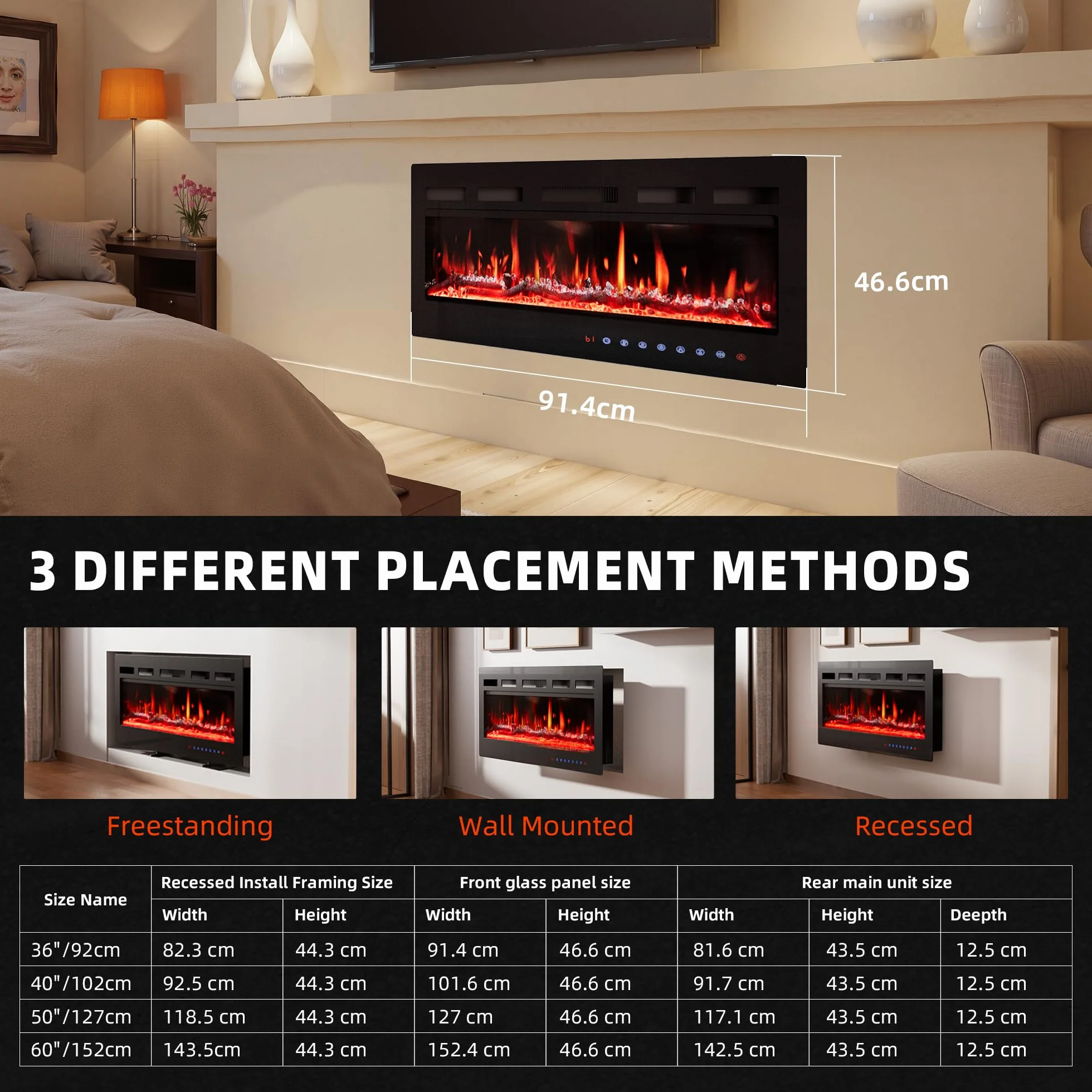 Cheminée Électrique 36" 92cm 900W 1800W Flammes 12 Couleurs Thermostat Précis 15-30°C Écran Tactile Télécommande