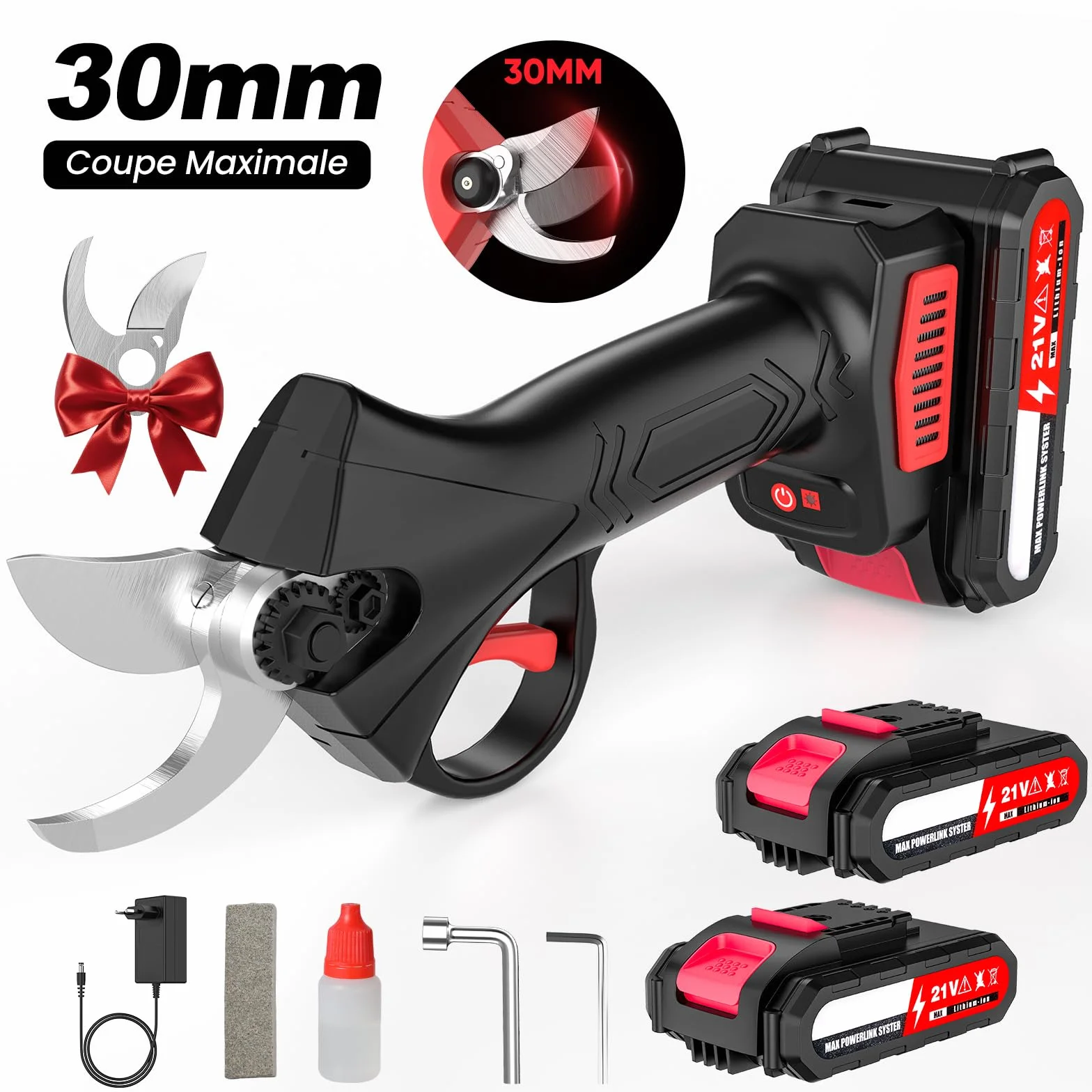 Secateur Electrique sans Fil,30mm Sécateur électrique,21V,2 * 2.0Ah Batteries,Moteur sans Balais,1*Lame de Rechange,0,9 kg Corps Léger, Idéal pour Tailler les Branches dans Jardins, Vergers et Fermes