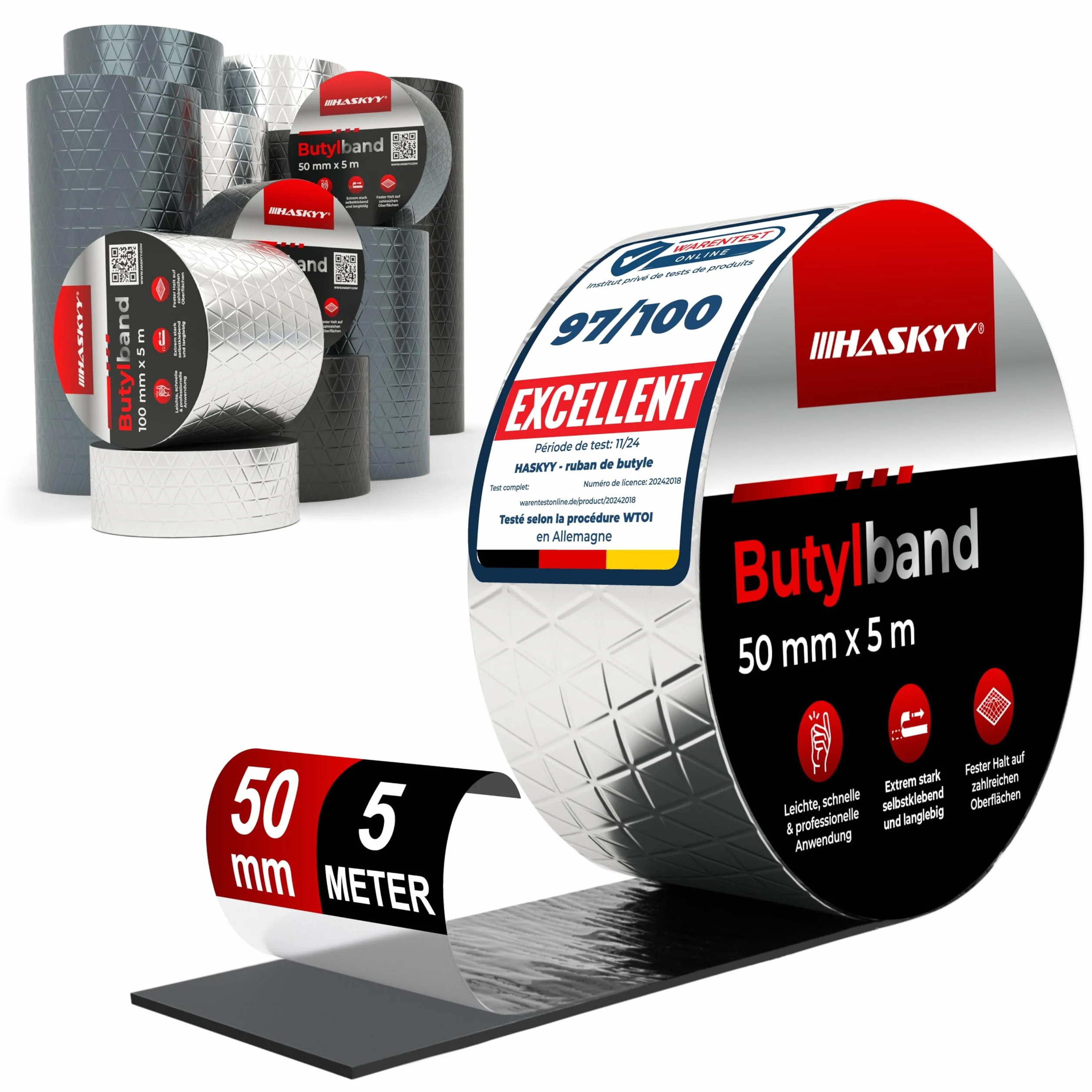 HASKYY Ruban d'étanchéité en butyle 50mm x 5m Bande adhésive aluminium imperméable réparation argent