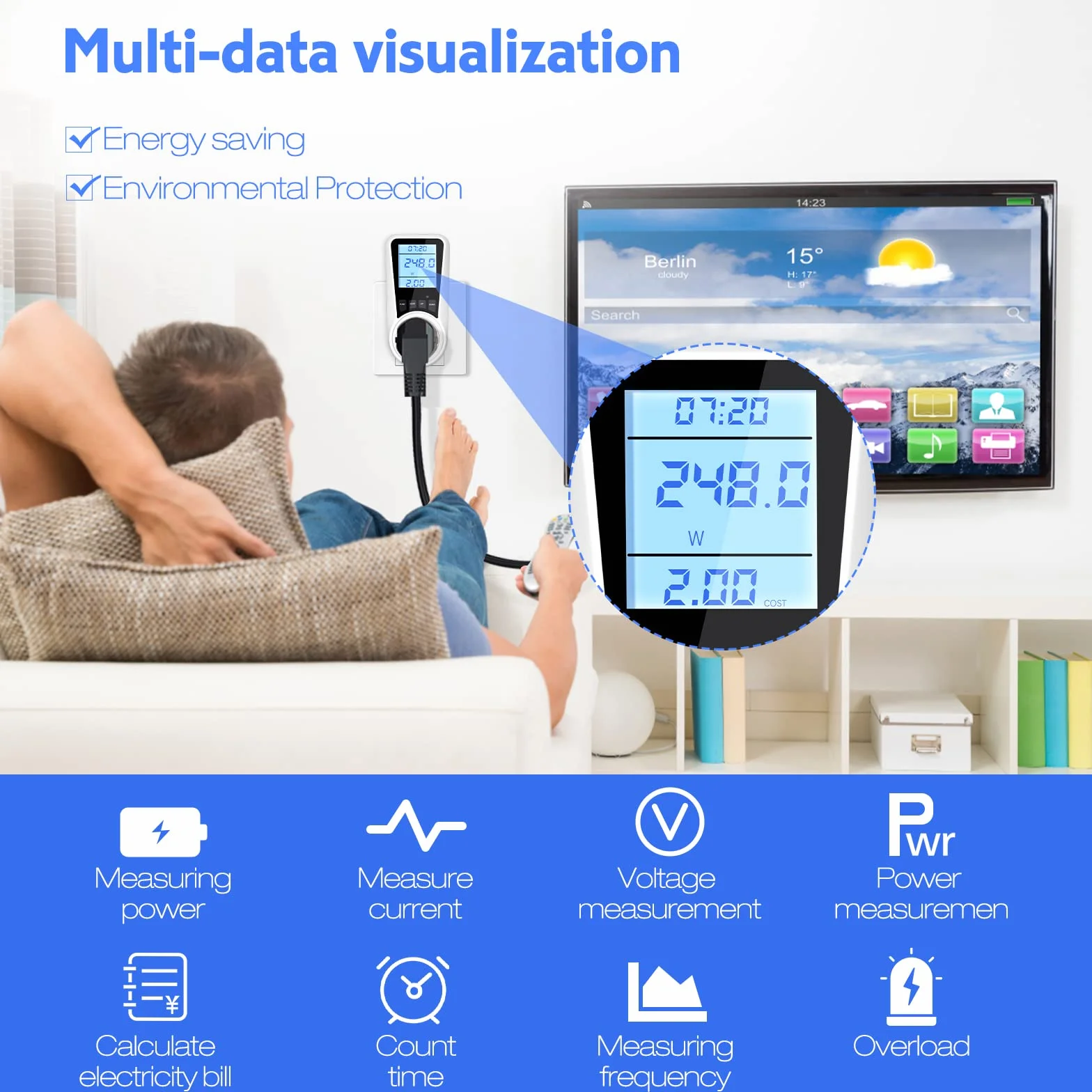 Vinabo Wattmètre Prise Compteur d'Énergie, 7 Modes Surveillance, Écran LCD Rétroéclairé