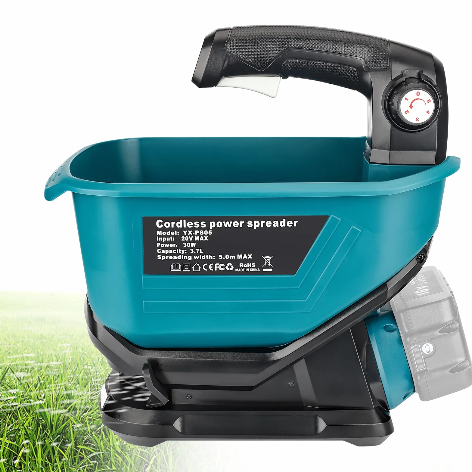 YEX-BUR Épandeur d'engrais portable pour batterie au lithium Makita 18 V, épandeur manuel avec réglage de la vitesse de rotation à 5 niveaux, 3,7 l, couvre jusqu'à 743 m² (sans batterie)