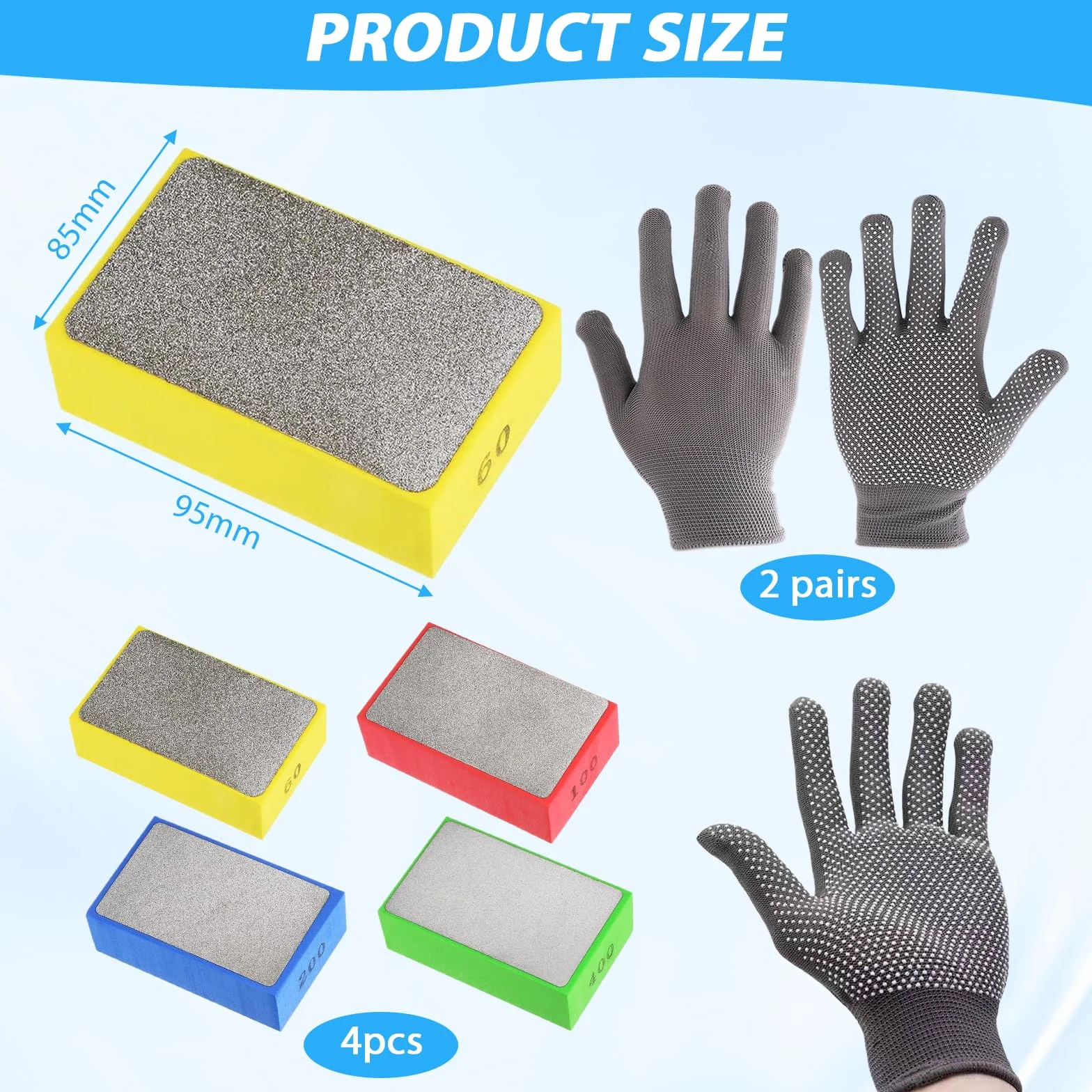 Patins de ponçage diamantés lot de 4 avec gants antidérapants pour verre carrelage pierre