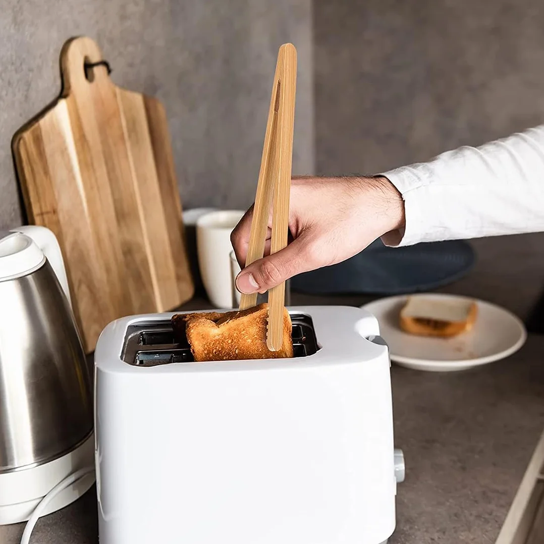 2 Pièces Pince à barbecue en bois de hêtre non traité collée，Pinces à toast classiques réutilisables en bambou，Pince de cuisson en bois, idéale pour grille-pain, fruits, pain et cornichons，30cm