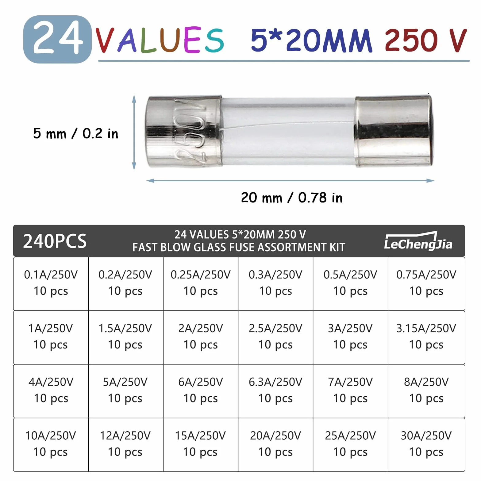 Kit d'assortiment de Fusibles à action lente 5x20mm 250V 240 pcs 24 Valeurs