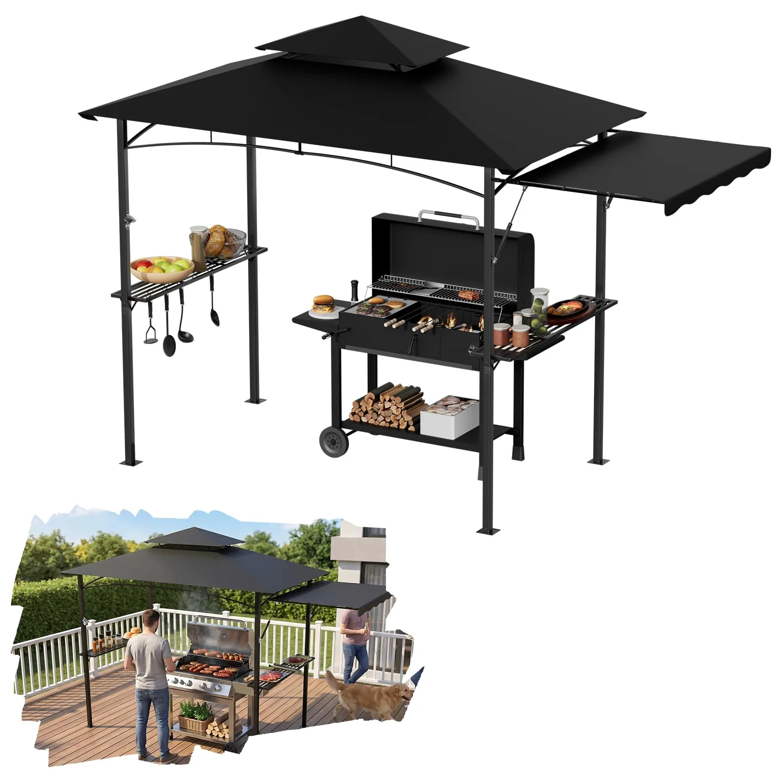 Tonnelle pour barbecue noire avec double toit et store latéral escamotable, 245x141 cm - Tonnelle pour barbecue avec cadre en métal et étagères pratiques, abris de jardin résistants aux