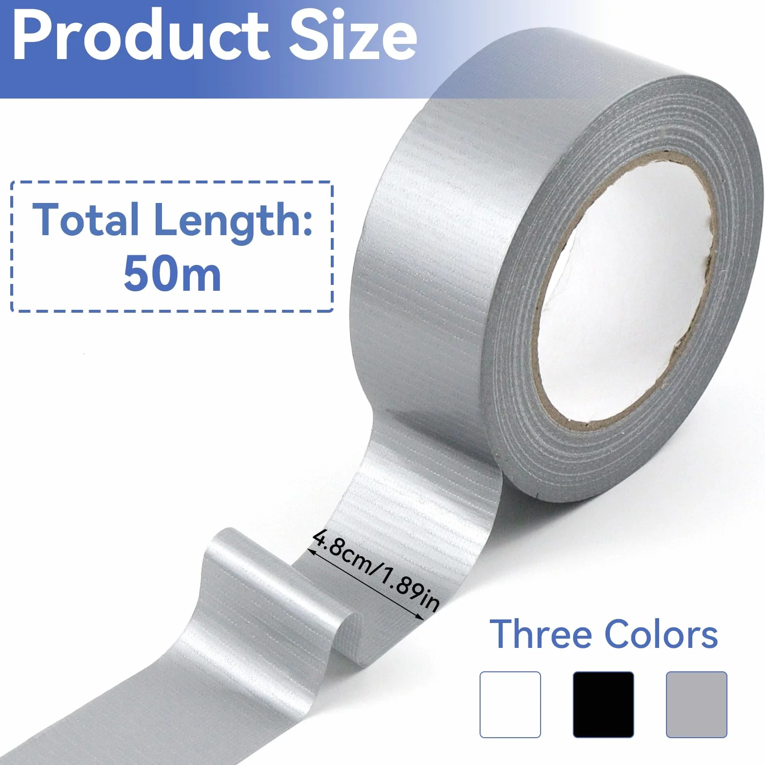 Ruban Adhésif Blindé 4,8 cm × 50 m Ruban de Réparation Renforcé en Tissu Gaffer Noir Blanc Gris