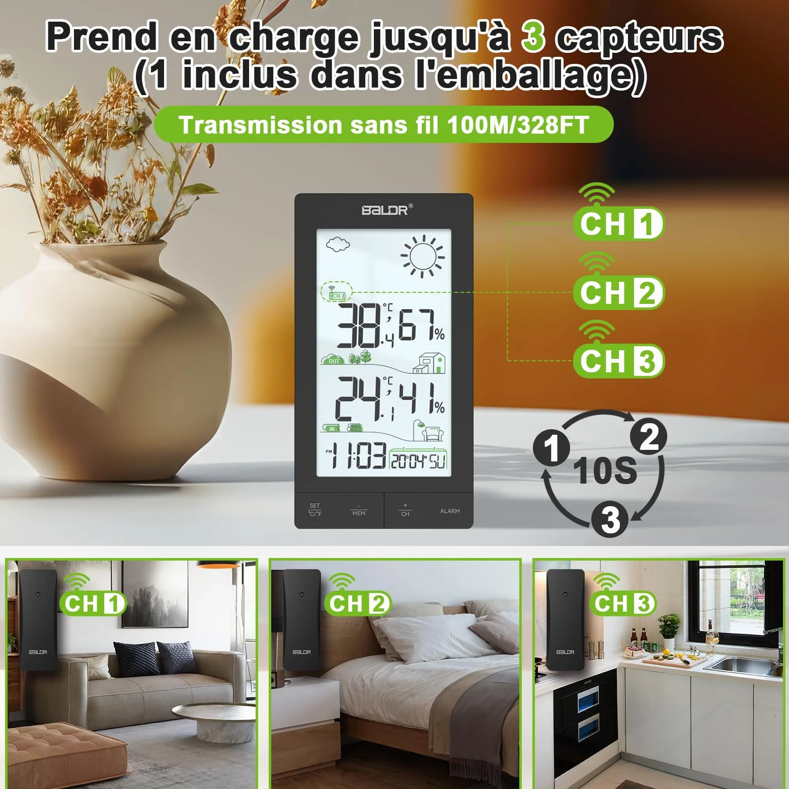 Station Météo Sans Fil Écran LCD 6,0' Capteur Extérieur Thermomètre Hygromètre Prévisions Réveil Noir