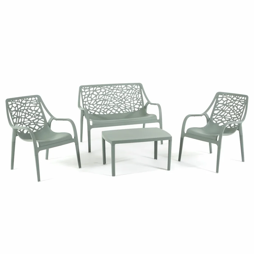 Set / Salon de jardin et extérieur en polypropylène avec fibre de verre 4 places, canapé deux places, 2 fauteuils et table basse, empilable, imperméable, design moderne - Set Maratea (vert sauve)