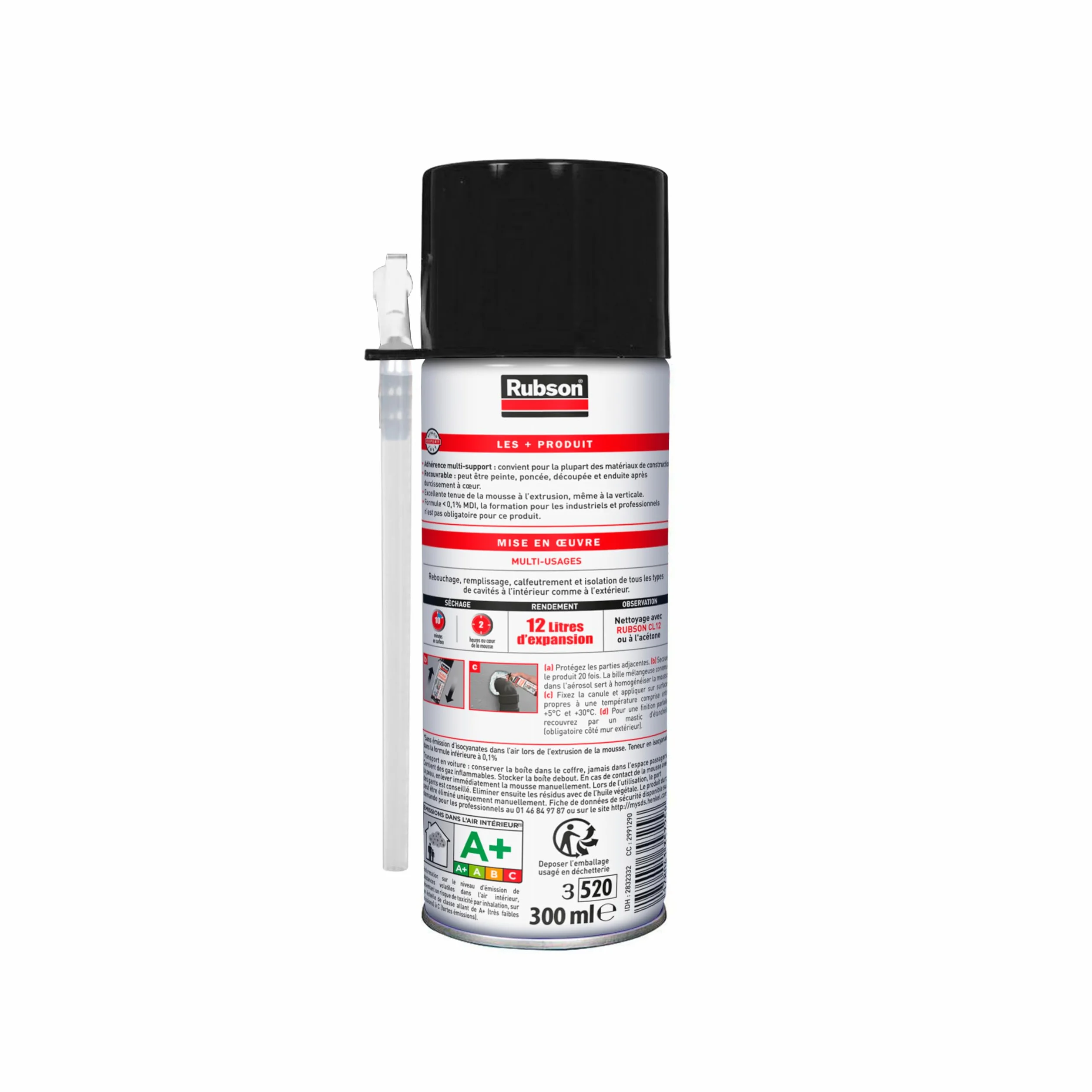 Rubson Mousse Expansive Multi-Usages 300 ml Blanche - Mousse Polyuréthane Isolation Calage Rebouchage 12 Litres Expansion
