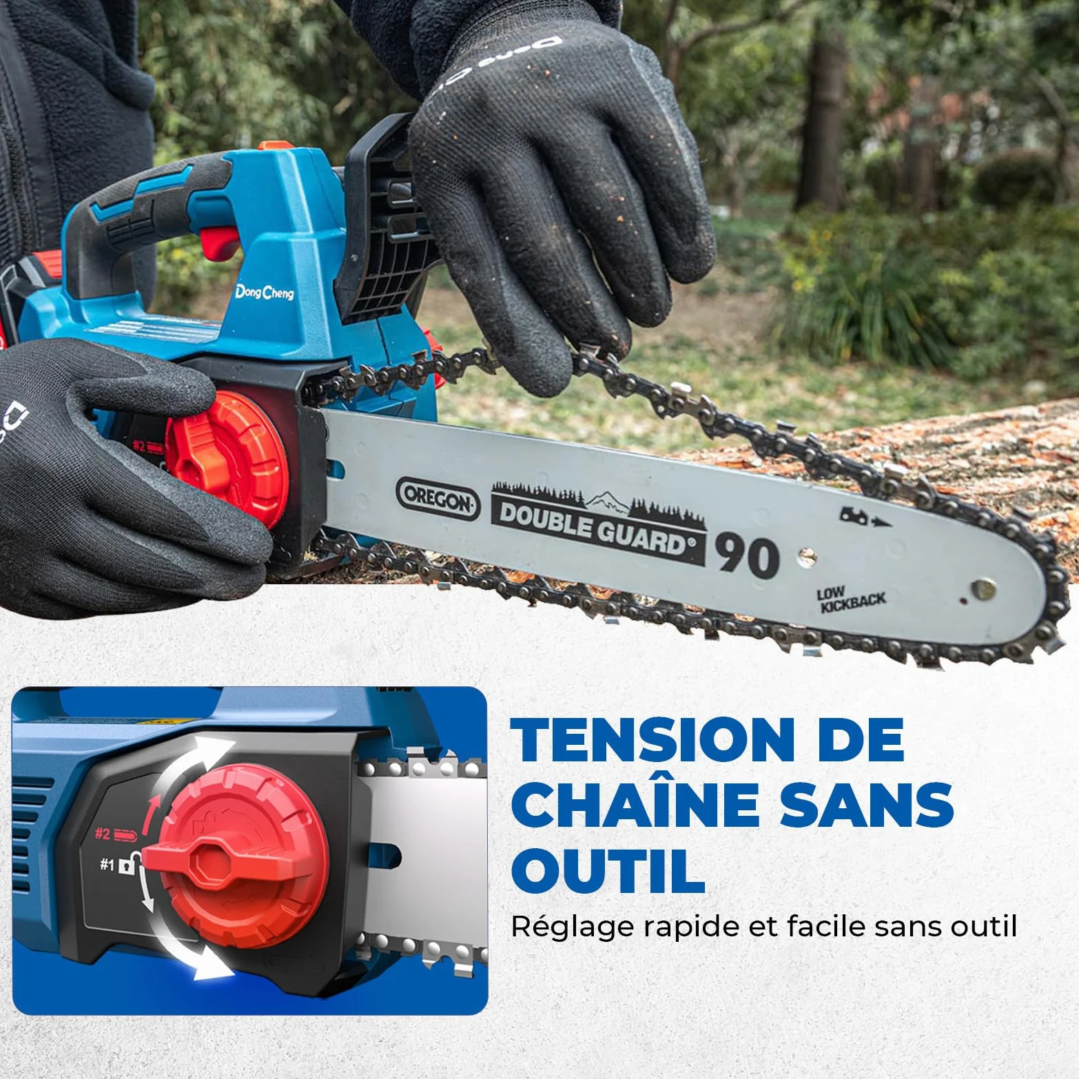 DongCheng Tronçonneuse sans fil a batterie 20V, moteur sans balais, guide-chaîne OREGON de 30 cm, tension de chaîne sans outil, Graissage automatique de la chaîne, avec batterie 4,0 Ah et chargeur