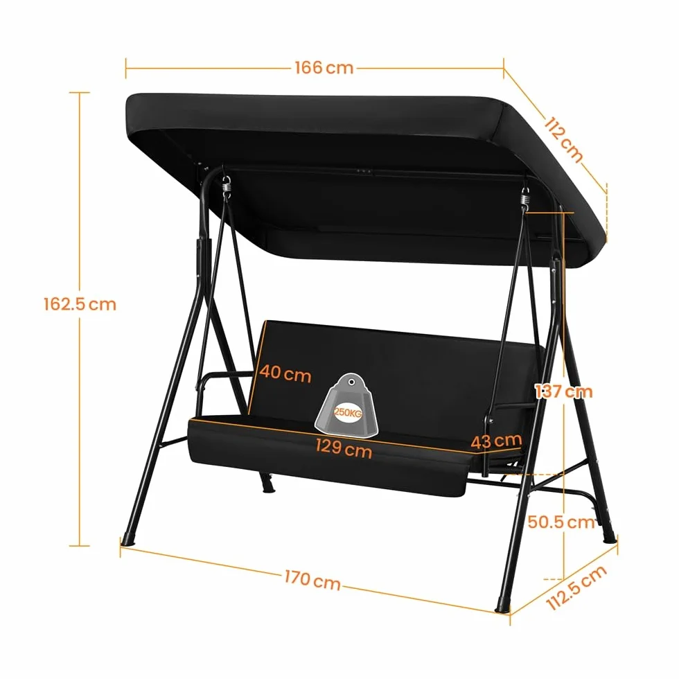 Yaheetech Balancelle de Jardin 3 Places Auvent Ajustable Coussins Amovibles Cadre Métal Noir