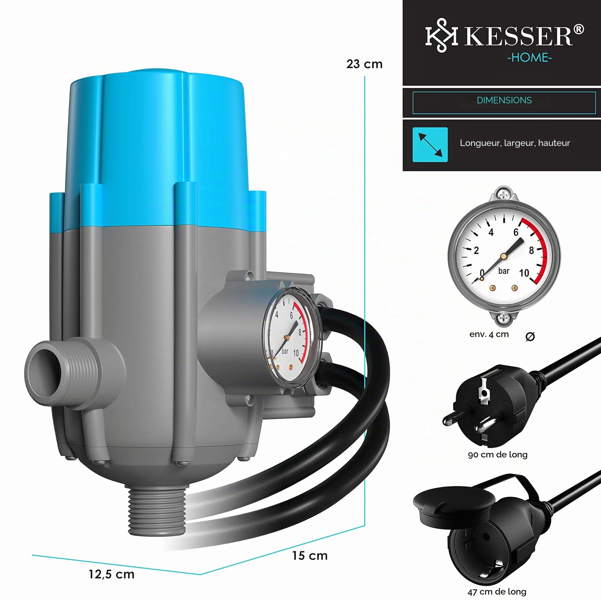 KESSER Pressostat 10 bar Commande de pompe avec indicateur et câble