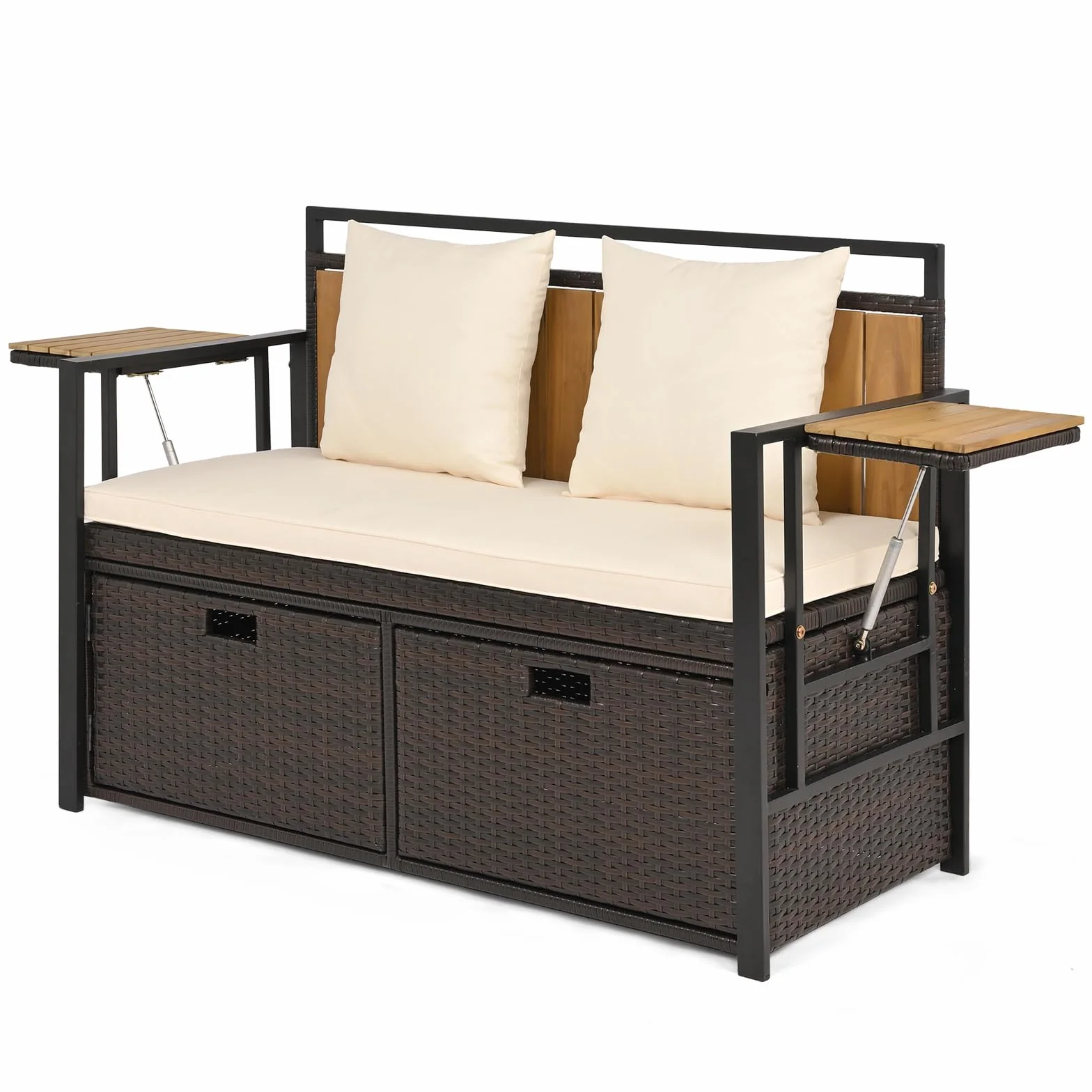SOARS Canapé Extérieur Salon 2 Places, Canapé de Rangement 142,5 L en Rotin PE, avec Coussin, 2 Oreillers, Structure Métallique, 2 Table d'Appoint Pliante, Charge 360 KG, pour Jardin Balcon (Blanc)