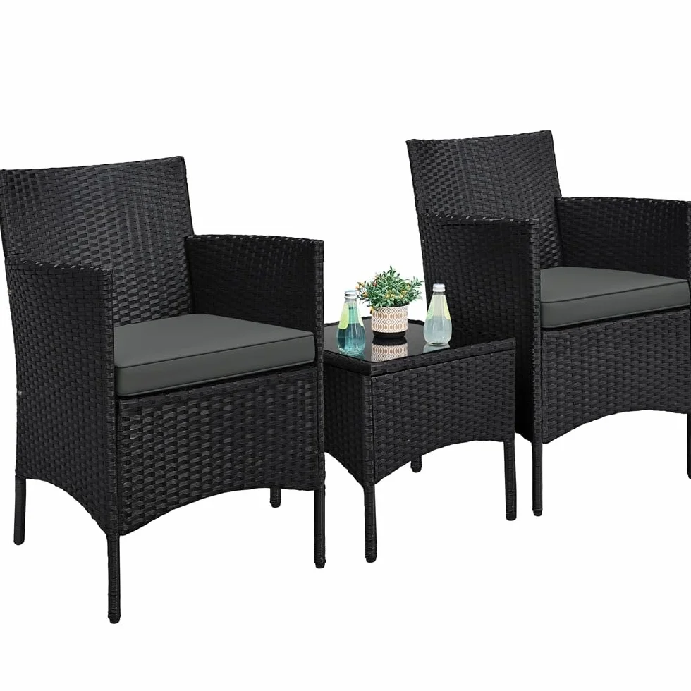 Yaheetech Salon de Jardin Exterieur Ensemble Mobilier de Jardin 2 Personnes Fauteuils et Table Basse Plateau Verre 2 Coussins Tressée pour Balcon Noir/Girs