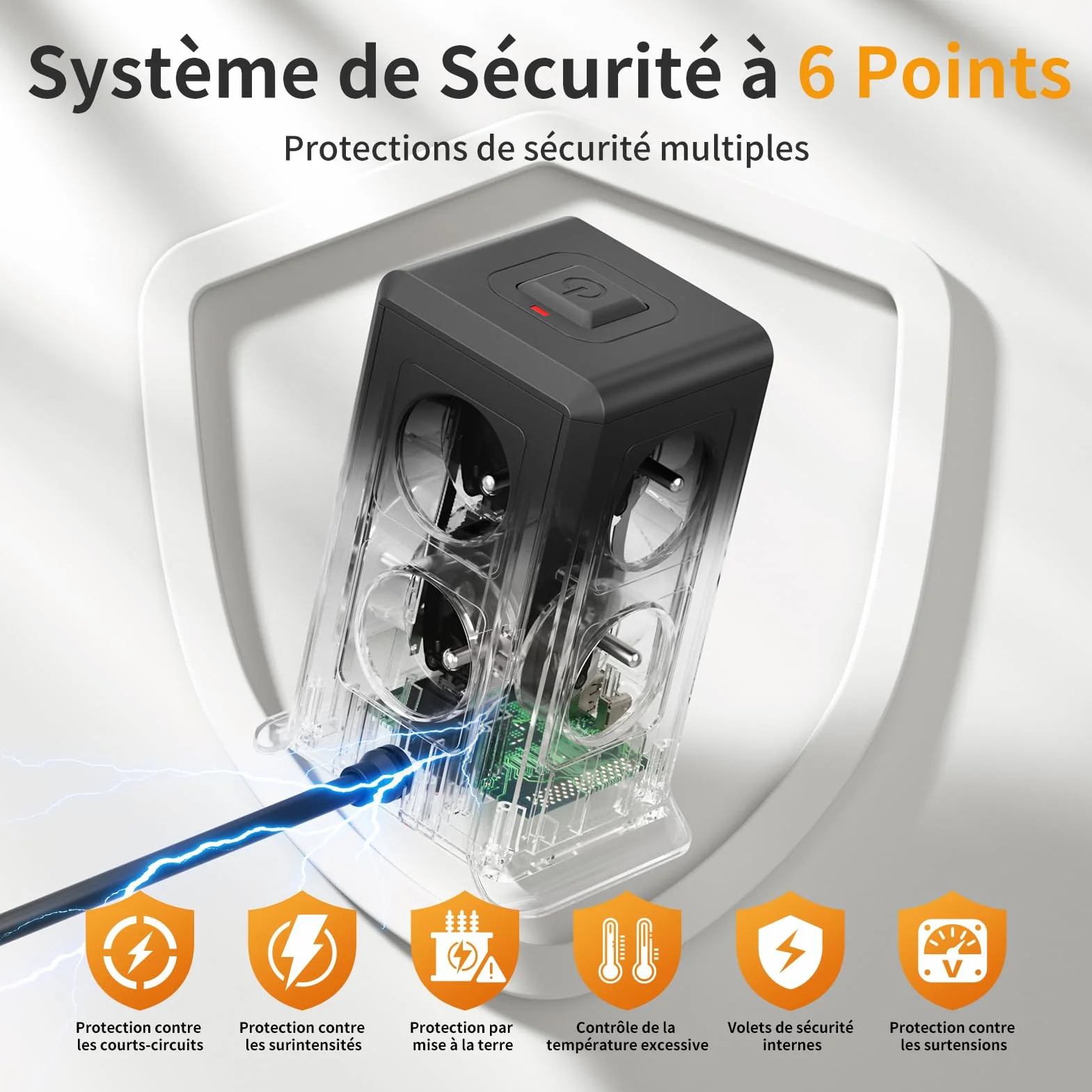 Multiprise 12 en 1 8 Prises 4 USB USB C Rallonge 2M 3680W Noir