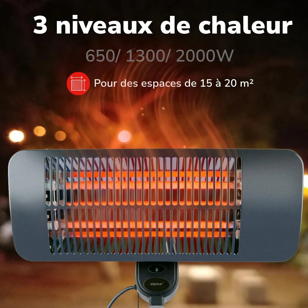 Alpina Chauffage de Terrasse Suspendu 2000W 3 Niveaux IP34 Lampe Chauffante Infrarouge