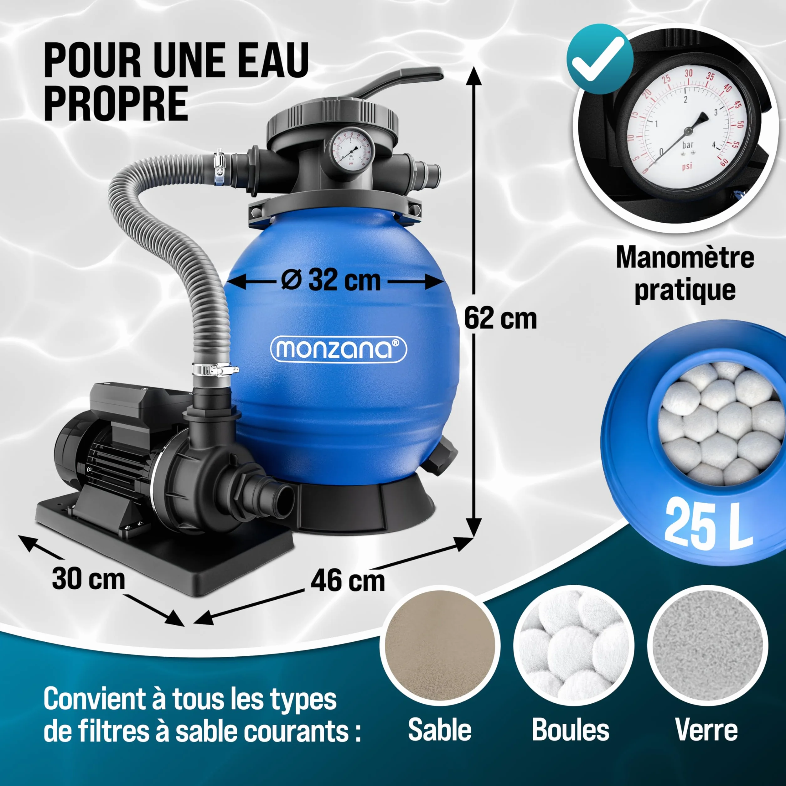 MONZANA Pompe filtre à sable 10,2 m³ auto-amorçante pour piscines jusqu'à 35 m³ certifié TÜV vanne 7 voies raccord 2en1 Ø32-38mm