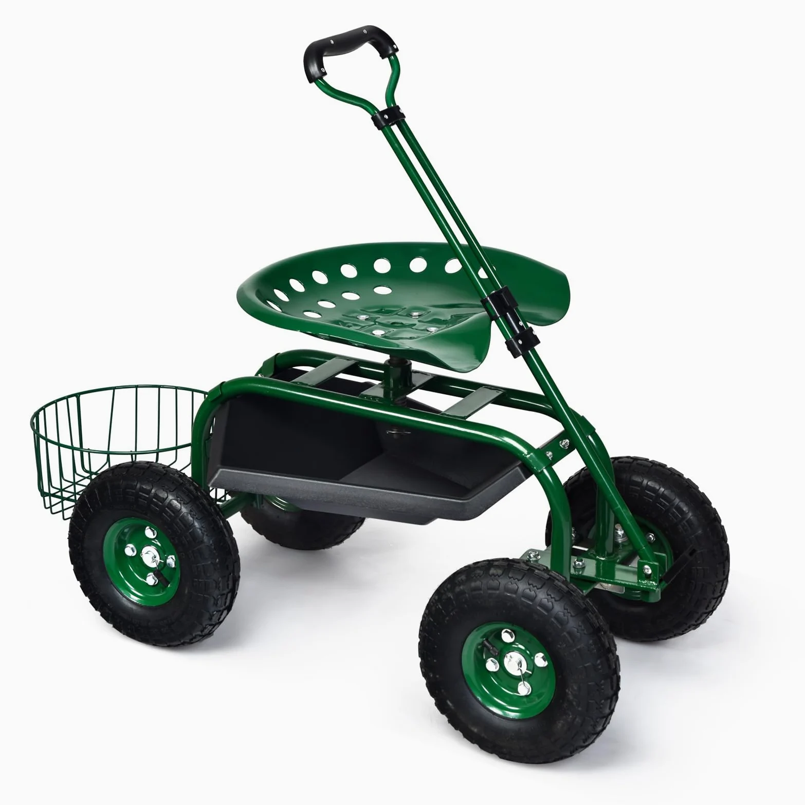 GOPLUS Siège de Jardin Roulant avec 2 Plateau à Outils, Poignée Ronde Extensible, Panier de Rangement, Siège Hauteur Réglable 45,5-54,5cm avec 4 Roues en Caoutchouc, Vert (avec Poignée)
