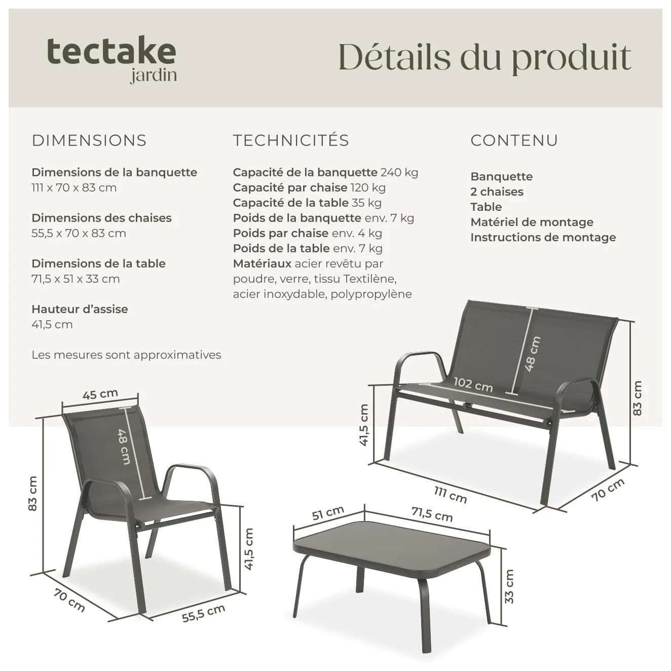 Tectake Salon de Jardin Extérieur 4 Personnes Canapé 2 Places 2 Fauteuil Table de Jardin