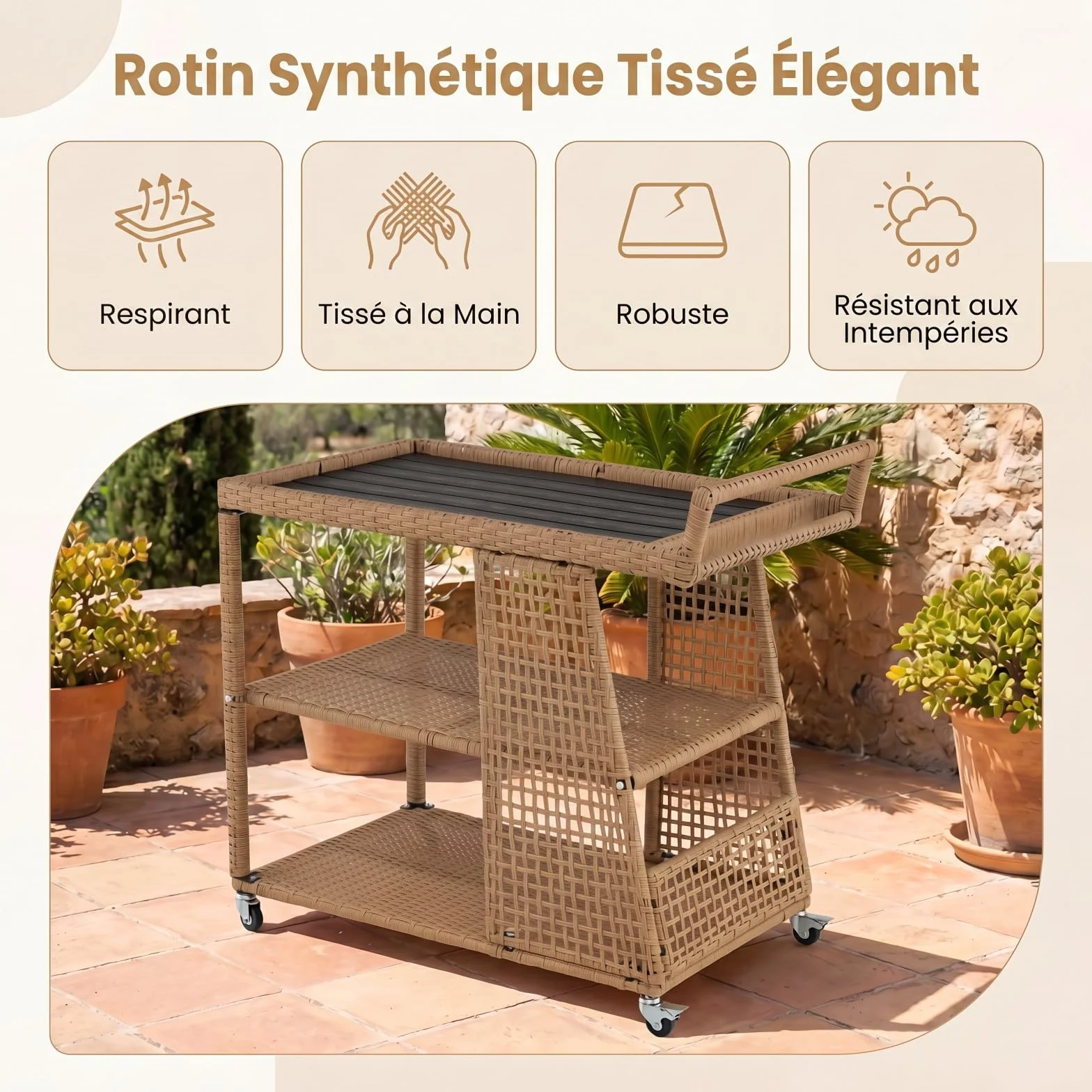 SOARS Chariot de Bar Extérieur en Rotin PE, 3 Niveaux, Desserte de Jardin